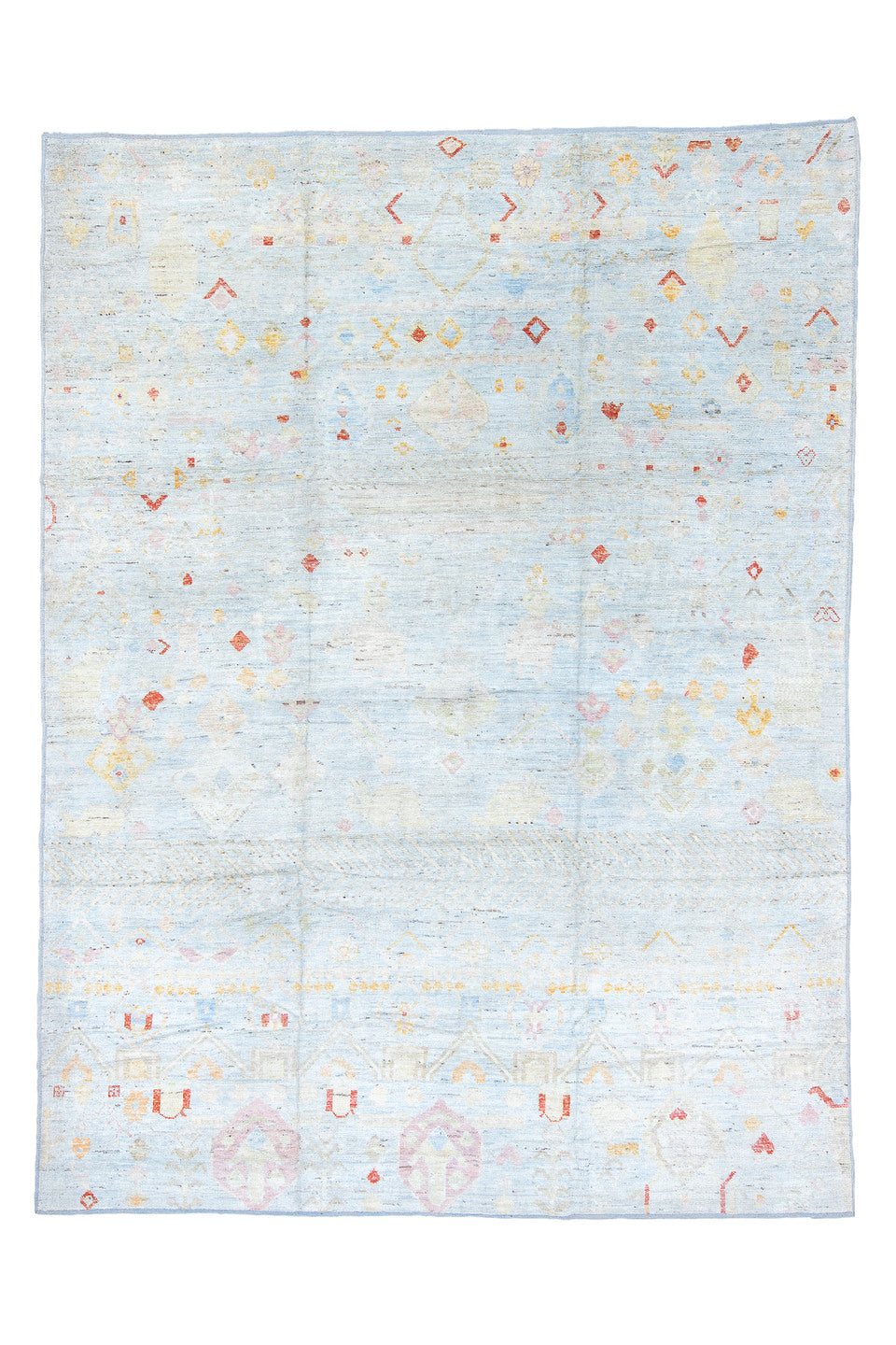 10' x 13' one-of-a-kind handmade vintage Tulu large size rug. Color palette: black, blue, brown, dark gray, gray, light blue