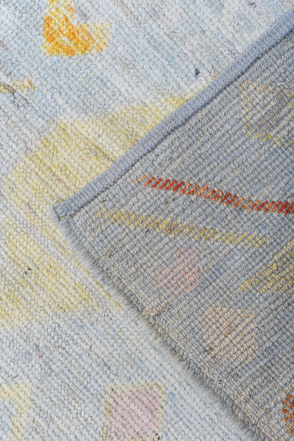 10' x 13' one-of-a-kind handmade vintage Tulu large size rug. Color palette: pale blue, ivory, blush, gold, coral, cream