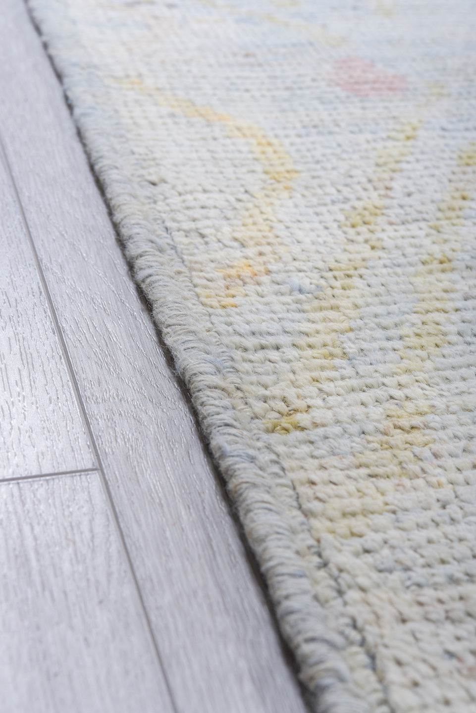 10' x 13' one-of-a-kind handmade vintage Tulu large size rug. Color palette: pale blue, ivory, blush, gold, coral, cream
