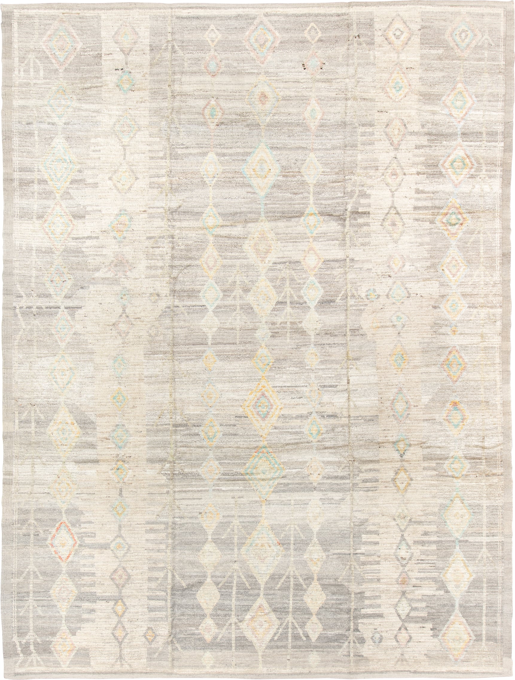 10' x 14' one-of-a-kind handmade vintage Tulu large size rug. Color palette: ivory, taupe, cream, pale aqua, gold, blush