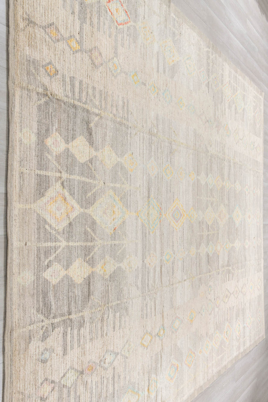 10' x 14' one-of-a-kind handmade vintage Tulu large size rug. Color palette: ivory, taupe, cream, pale aqua, gold, blush
