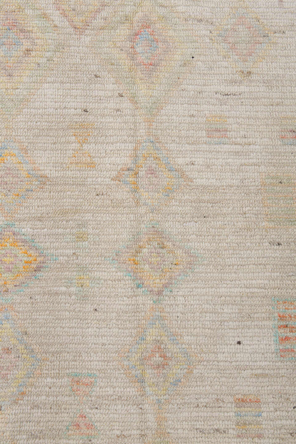 12' x 15' one-of-a-kind handmade vintage Tulu oversize rug. Color palette: ivory, cream, pale blue, coral, gold, sage