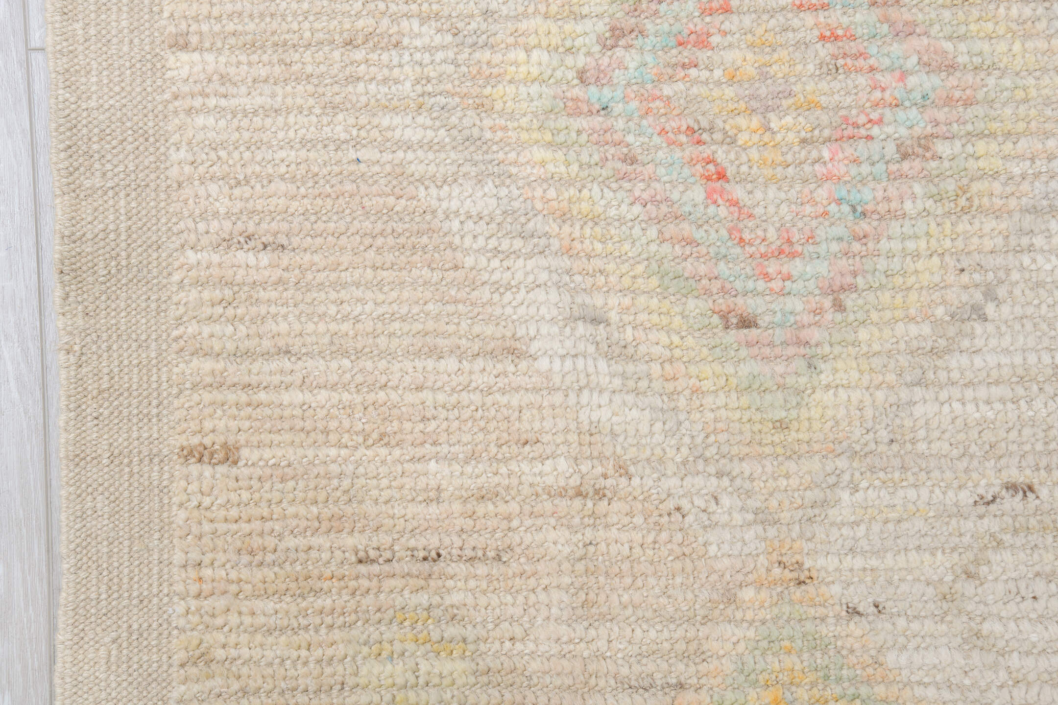 12' x 15' one-of-a-kind handmade vintage Tulu oversize rug. Color palette: ivory, cream, pale blue, coral, gold, sage