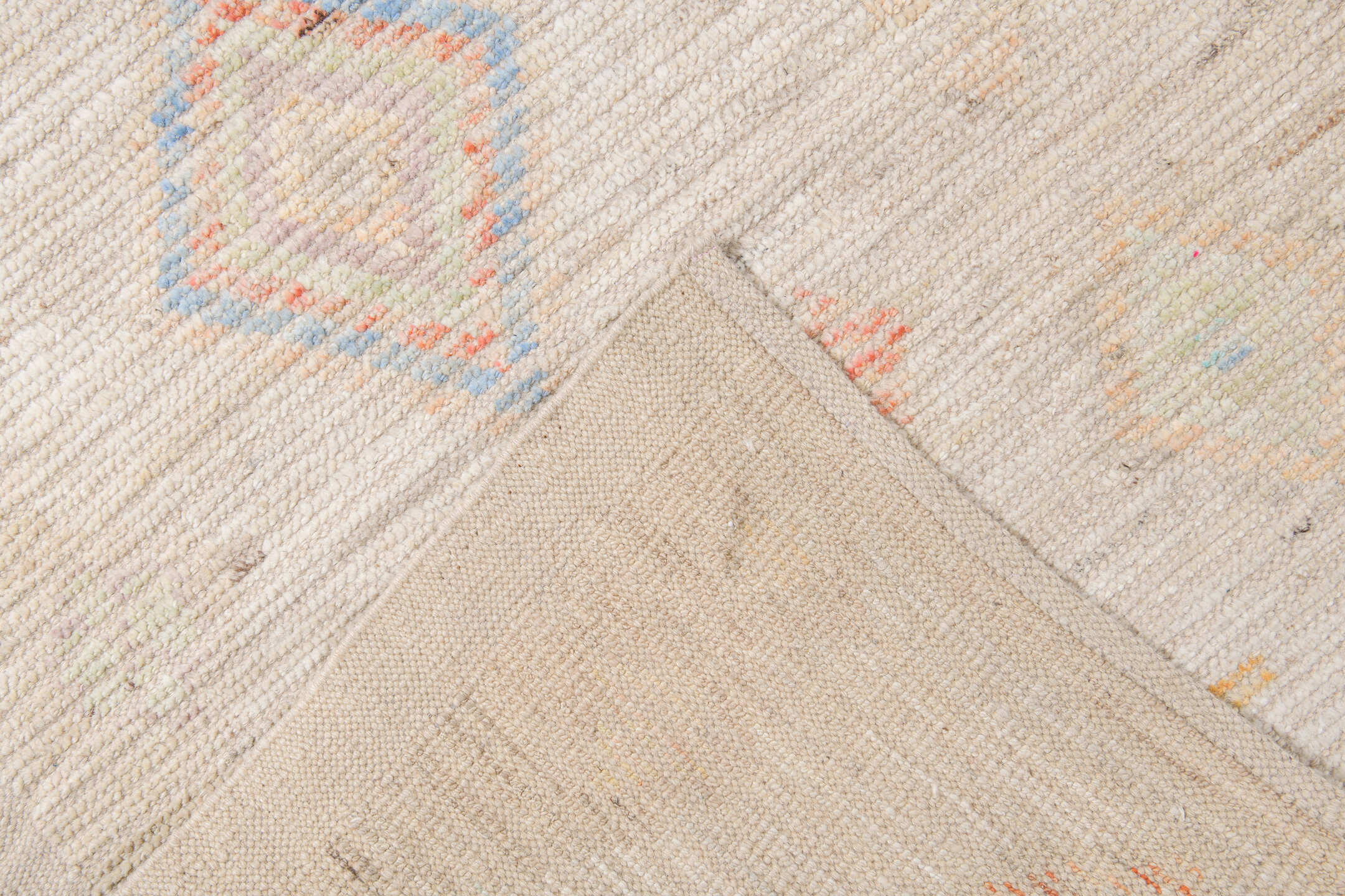 12' x 15' one-of-a-kind handmade vintage Tulu oversize rug. Color palette: ivory, cream, pale blue, coral, gold, sage