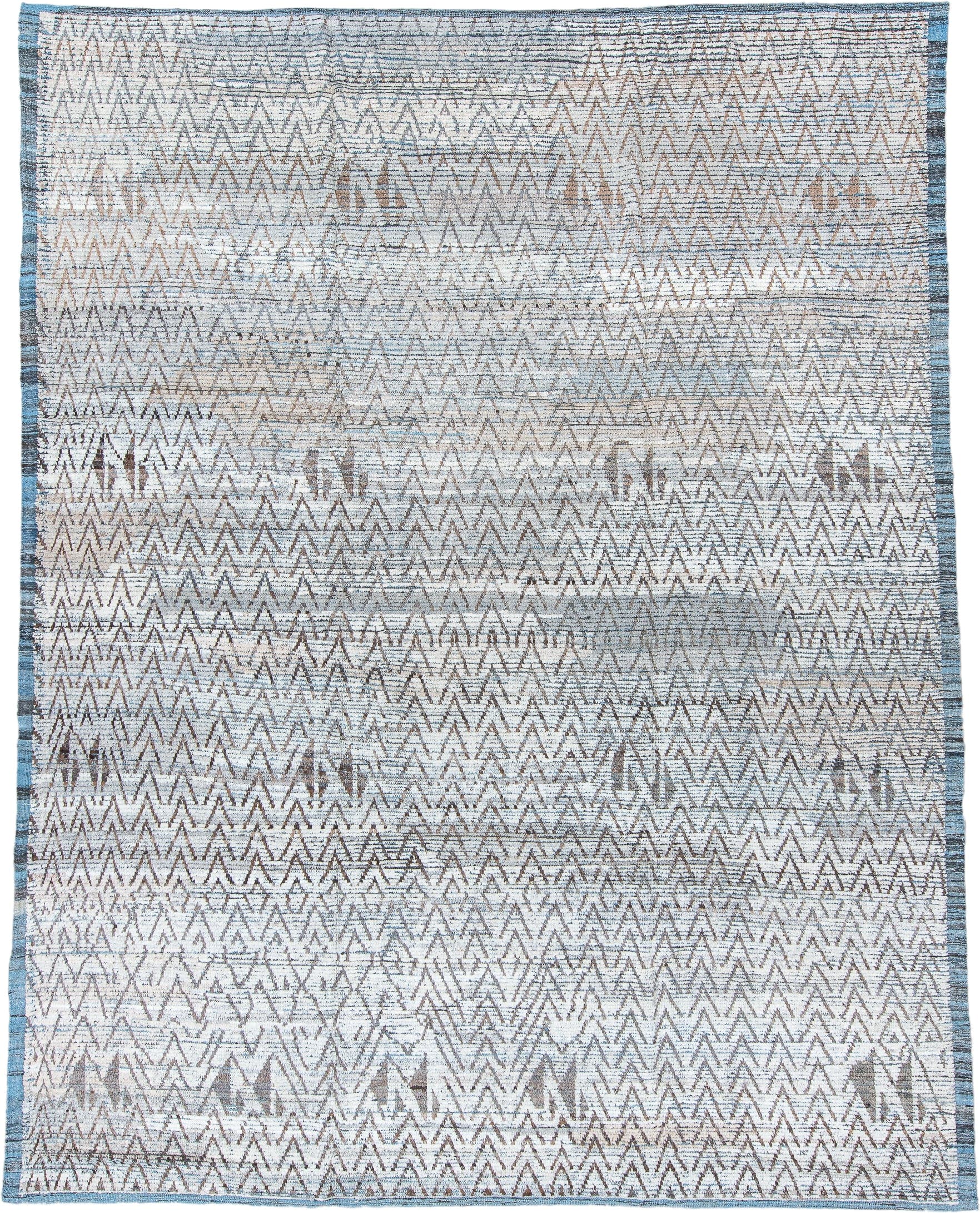 9' x 12' one-of-a-kind handmade vintage Tulu large size rug. Color palette: ivory, blue gray, taupe, slate, camel, gray