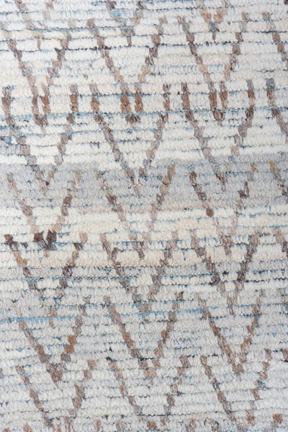 9' x 12' one-of-a-kind handmade vintage Tulu large size rug. Color palette: ivory, blue gray, taupe, slate, camel, gray