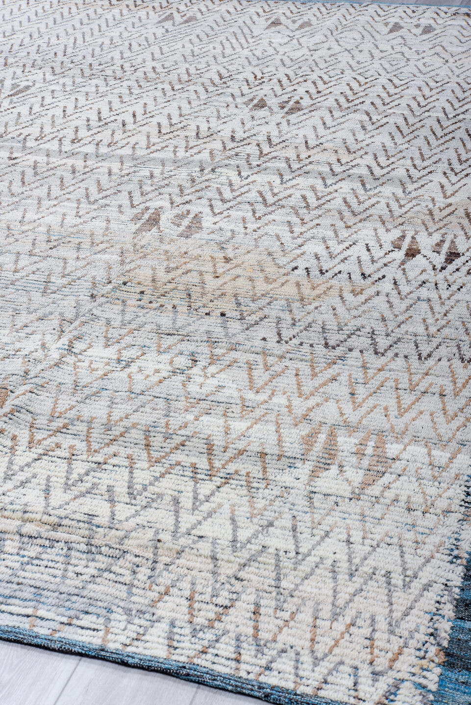 9' x 12' one-of-a-kind handmade vintage Tulu large size rug. Color palette: ivory, blue gray, taupe, slate, camel, gray