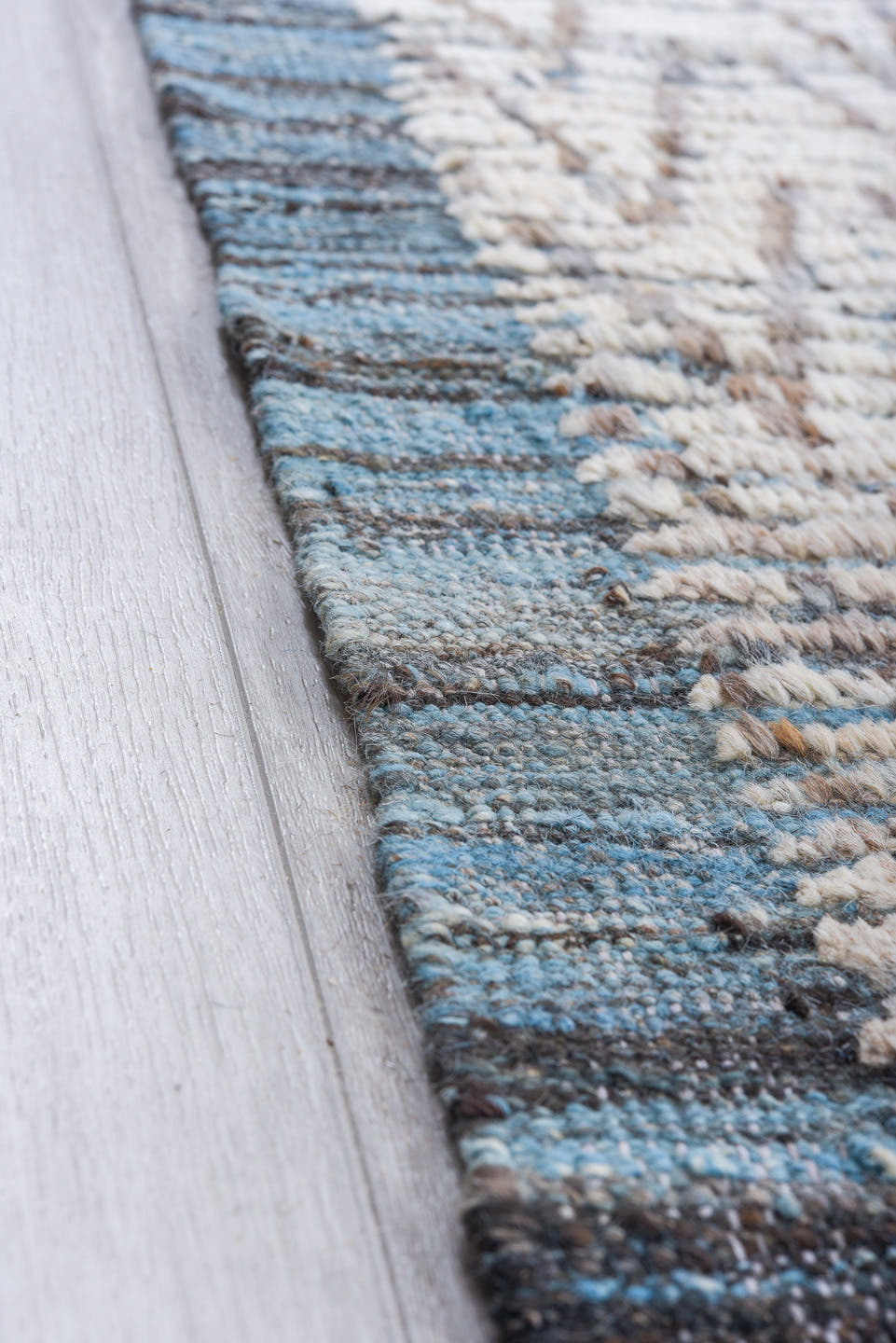 9' x 12' one-of-a-kind handmade vintage Tulu large size rug. Color palette: ivory, blue gray, taupe, slate, camel, gray