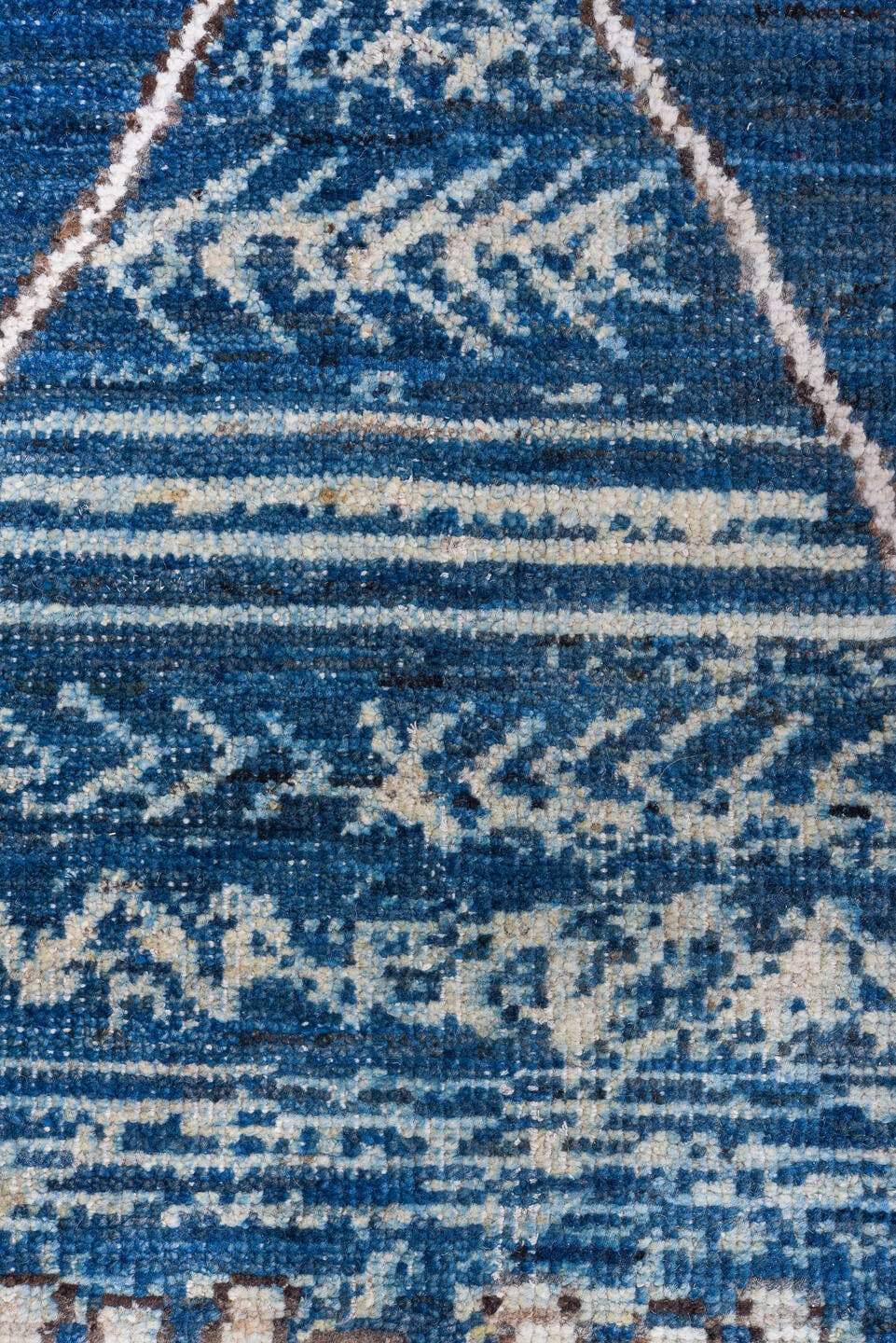 9' x 11' one-of-a-kind handmade vintage Tulu large size rug. Color palette: blue, ivory, indigo, slate, denim, purple, gray
