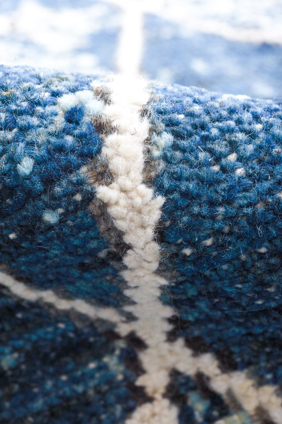 9' x 11' one-of-a-kind handmade vintage Tulu large size rug. Color palette: blue, ivory, indigo, slate, denim, purple, gray