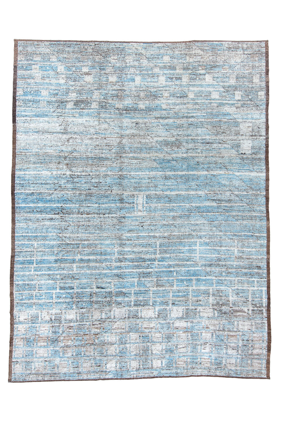 9' x 12' one-of-a-kind handmade vintage Tulu large size rug. Color palette: blue, dark gray, dim gray, gainsboro, gray