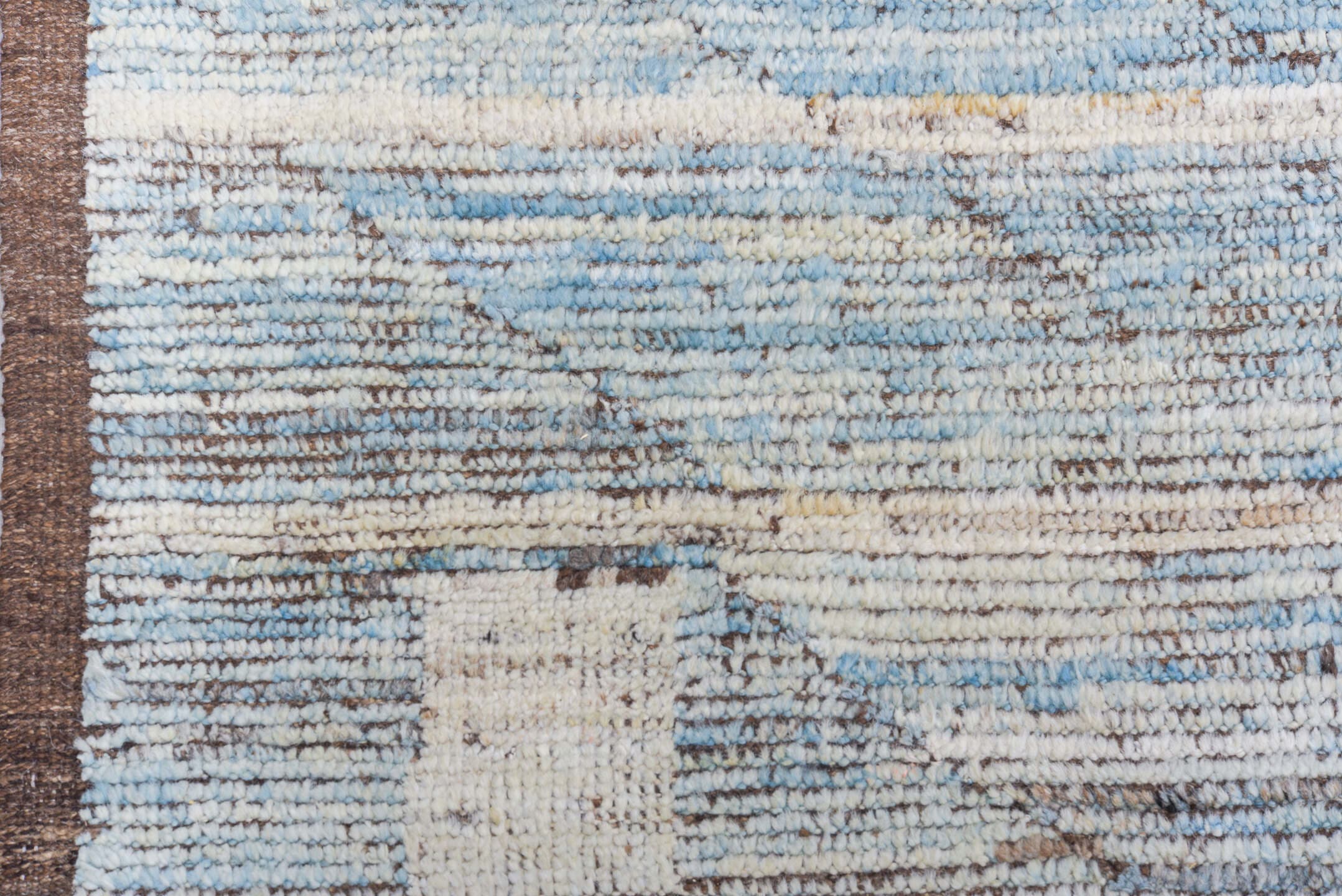 9' x 12' one-of-a-kind handmade vintage Tulu large size rug. Color palette: sky blue, ivory, taupe, brown, gray, light blue