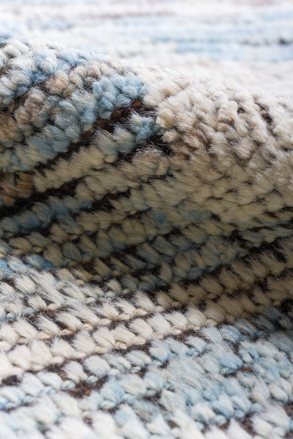 9' x 12' one-of-a-kind handmade vintage Tulu large size rug. Color palette: sky blue, ivory, taupe, brown, gray, light blue