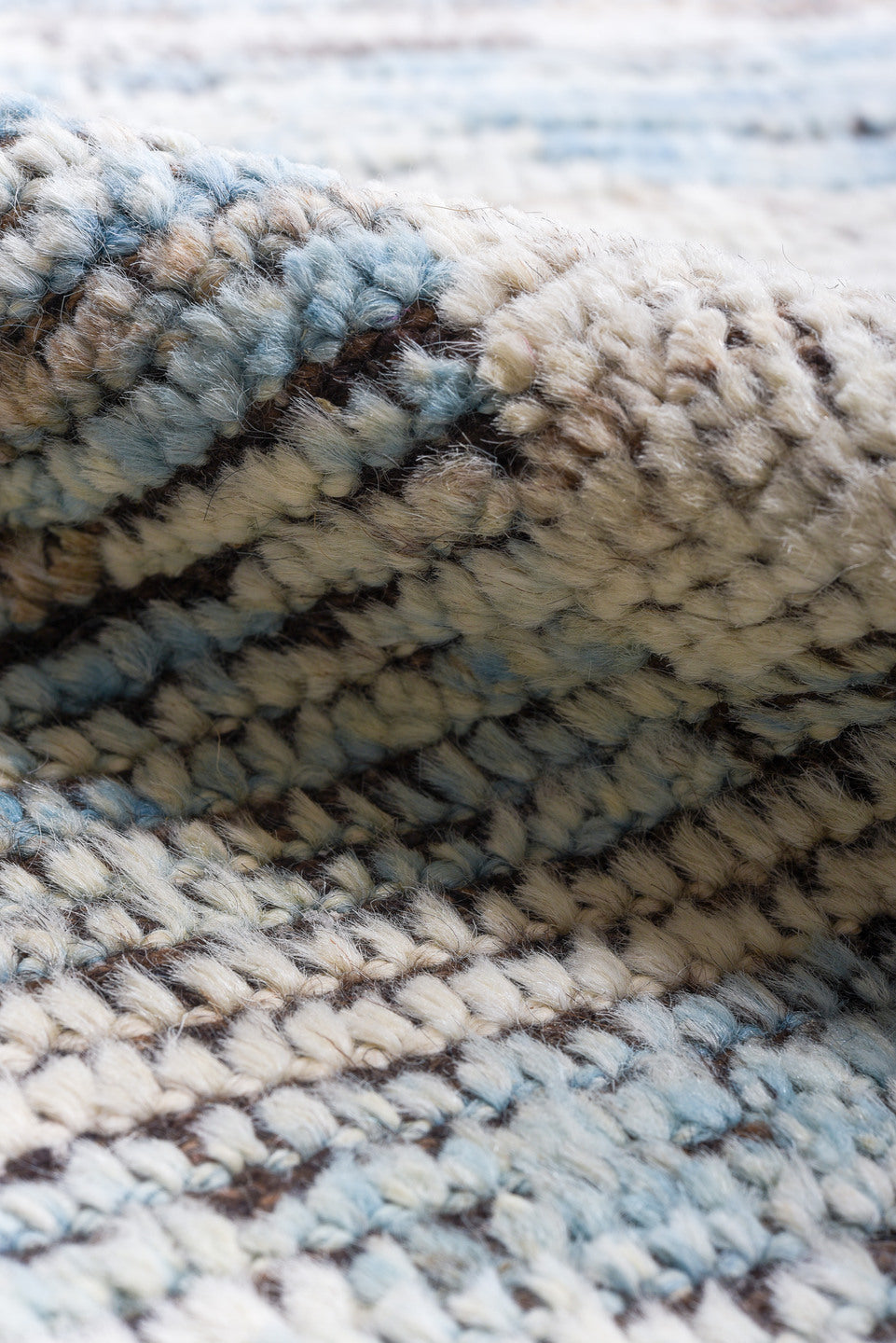 9' x 12' one-of-a-kind handmade vintage Tulu large size rug. Color palette: sky blue, ivory, taupe, brown, gray, light blue