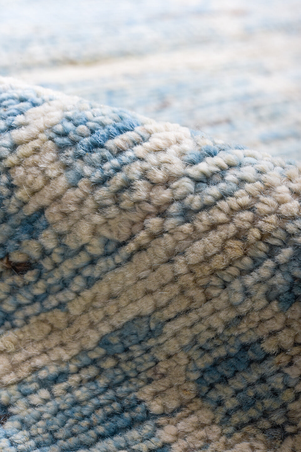 11' x 15' one-of-a-kind handmade vintage Tulu oversize rug. Color palette: sky blue, ivory, powder blue, pale blue, slate