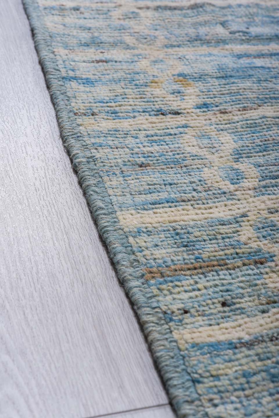 11' x 15' one-of-a-kind handmade vintage Tulu oversize rug. Color palette: sky blue, ivory, powder blue, pale blue, slate