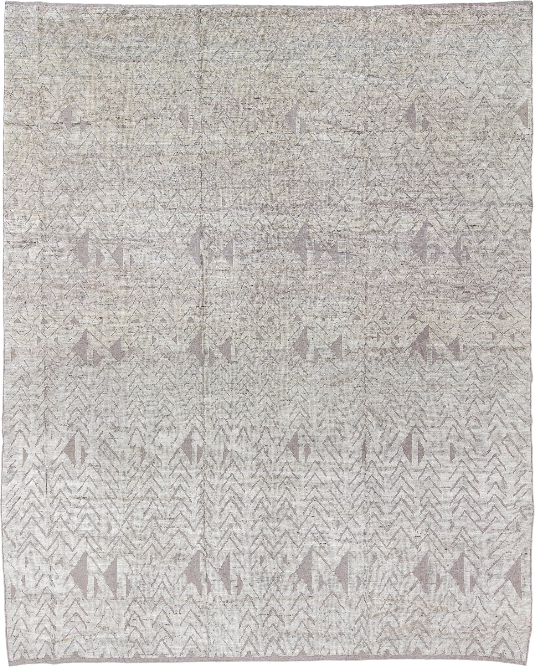 10' x 13' one-of-a-kind handmade vintage Tulu large size rug. Color palette: ivory, taupe, beige, stone, greige, gray