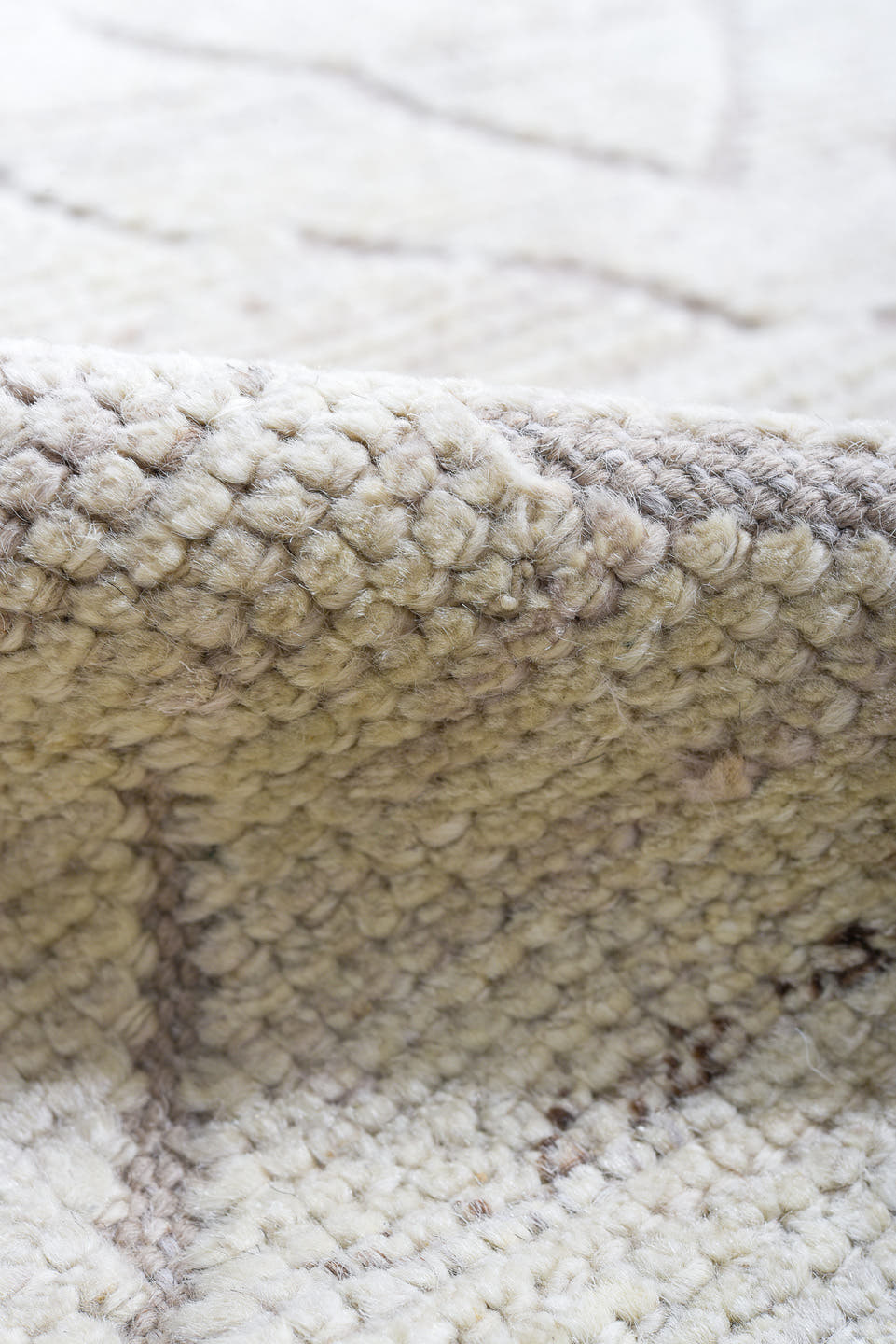 10' x 13' one-of-a-kind handmade vintage Tulu large size rug. Color palette: ivory, taupe, beige, stone, greige, gray