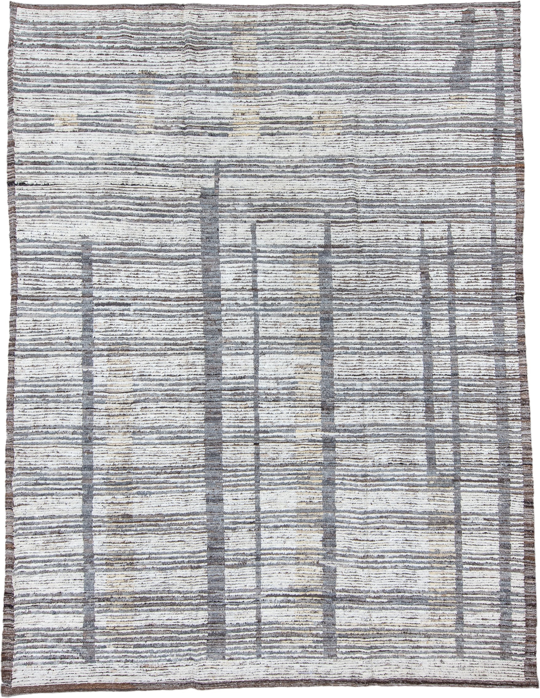 9' x 12' one-of-a-kind handmade vintage Tulu large size rug. Color palette: ivory, gray, charcoal, taupe, cream, beige