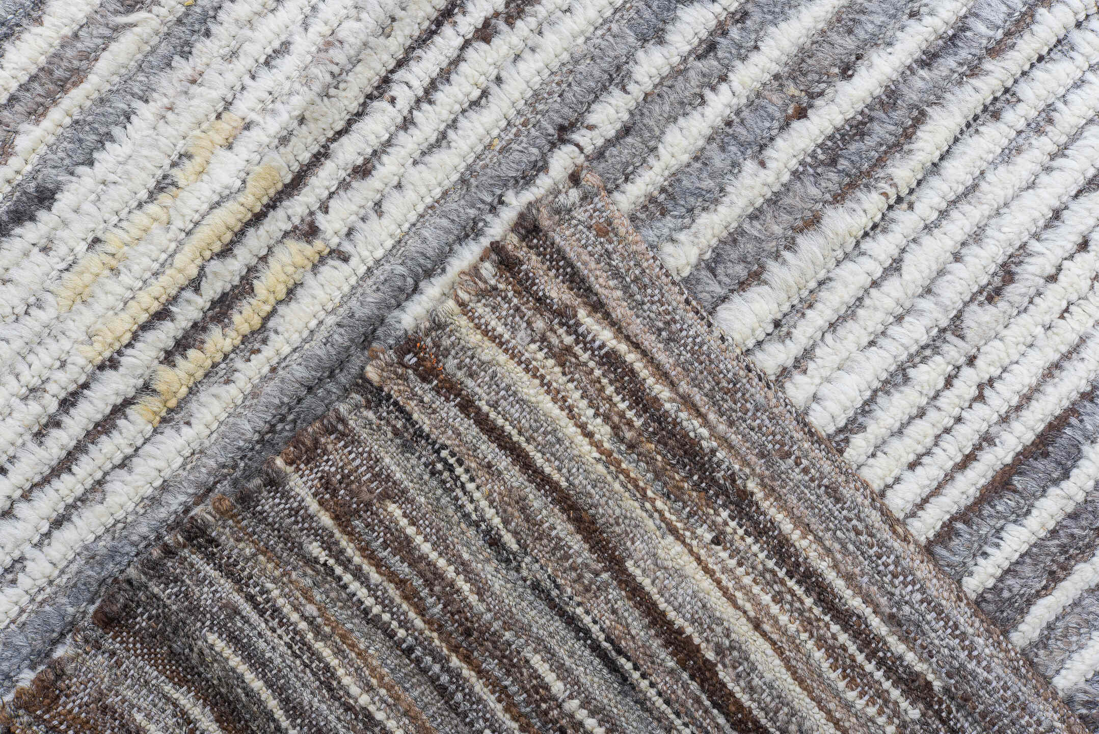 9' x 12' one-of-a-kind handmade vintage Tulu large size rug. Color palette: ivory, gray, charcoal, taupe, cream, beige