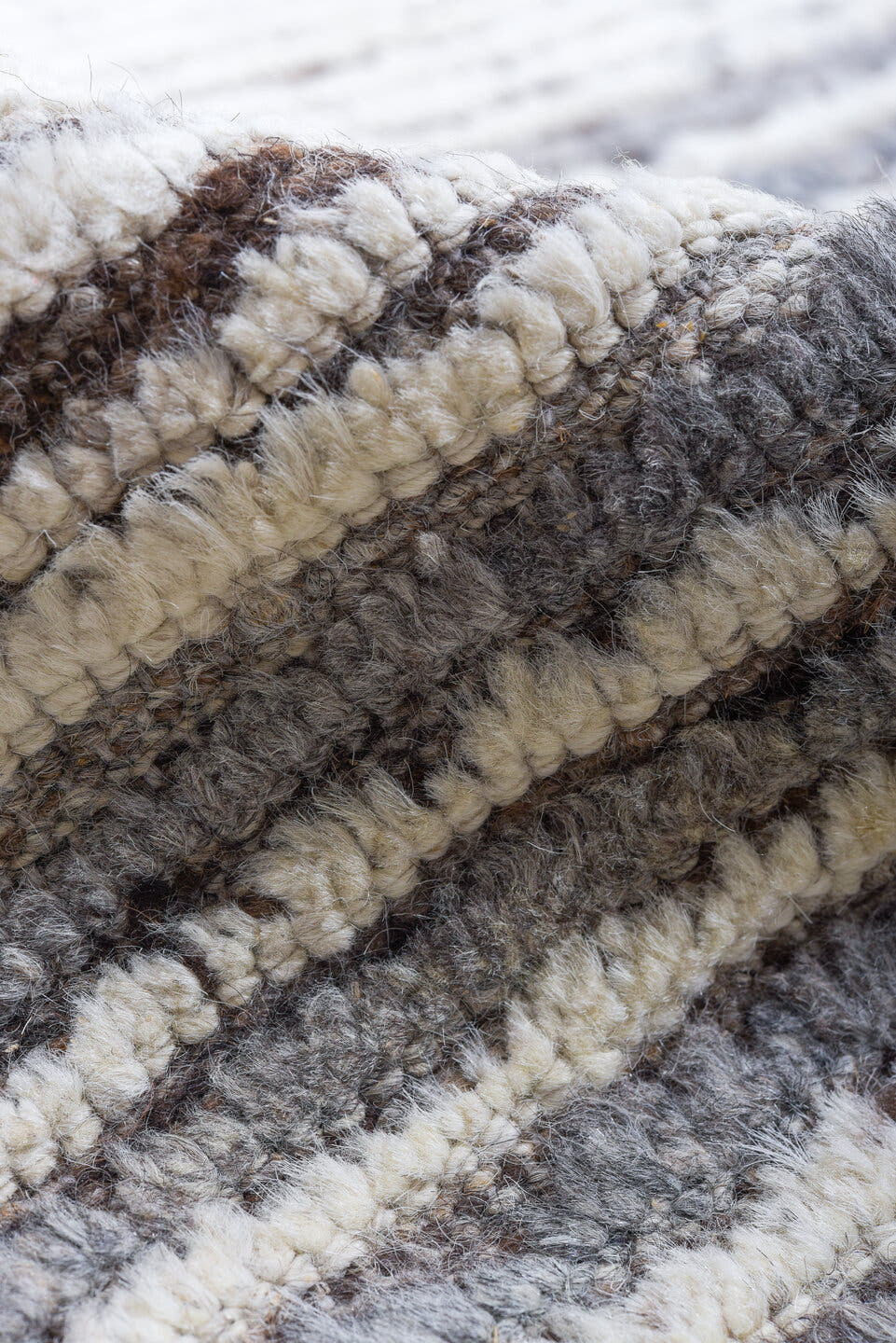 9' x 12' one-of-a-kind handmade vintage Tulu large size rug. Color palette: ivory, gray, charcoal, taupe, cream, beige