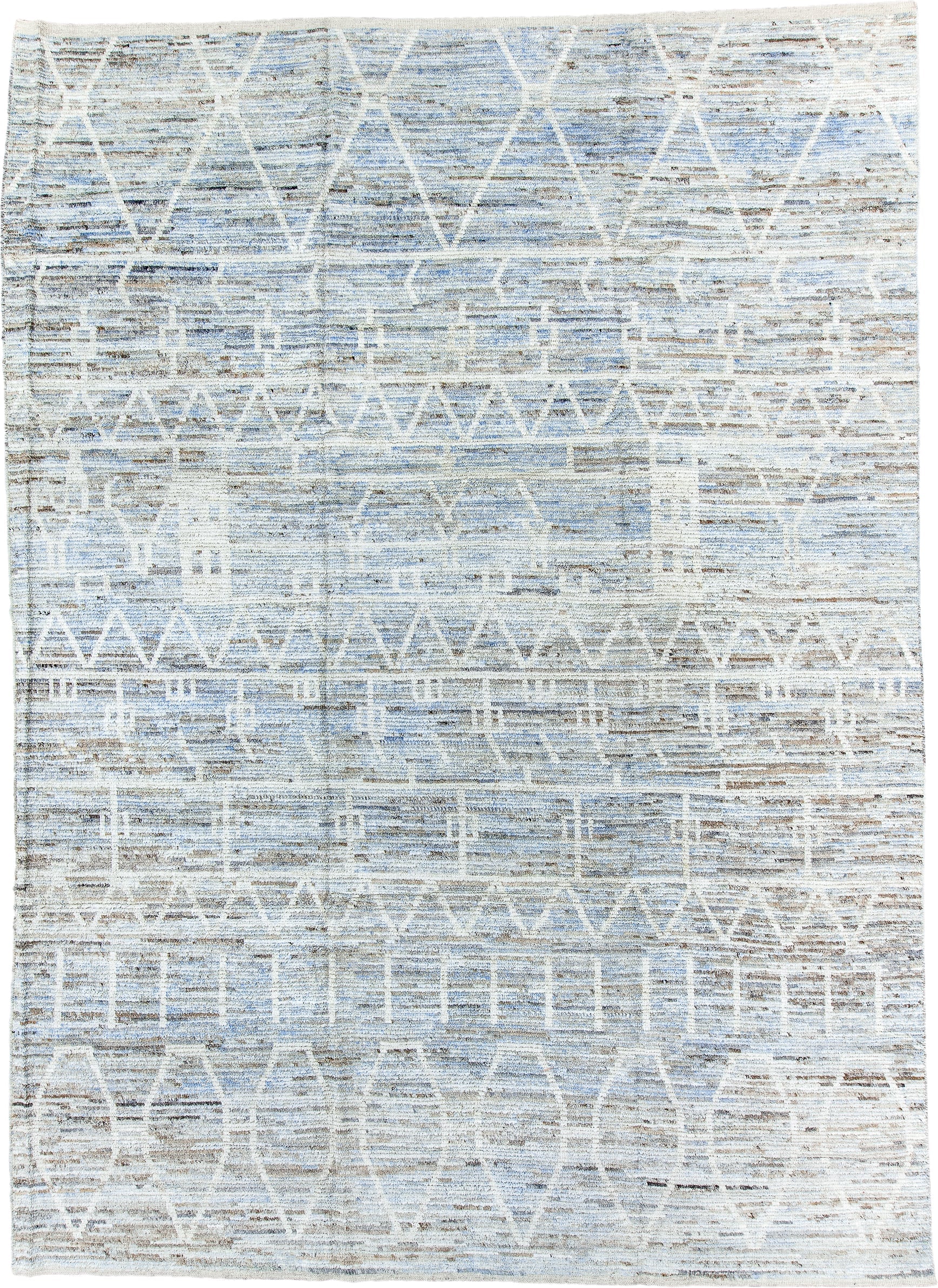 10' x 14' one-of-a-kind handmade vintage Tulu large size rug. Color palette: ivory, light blue, taupe, brown, cream, gray