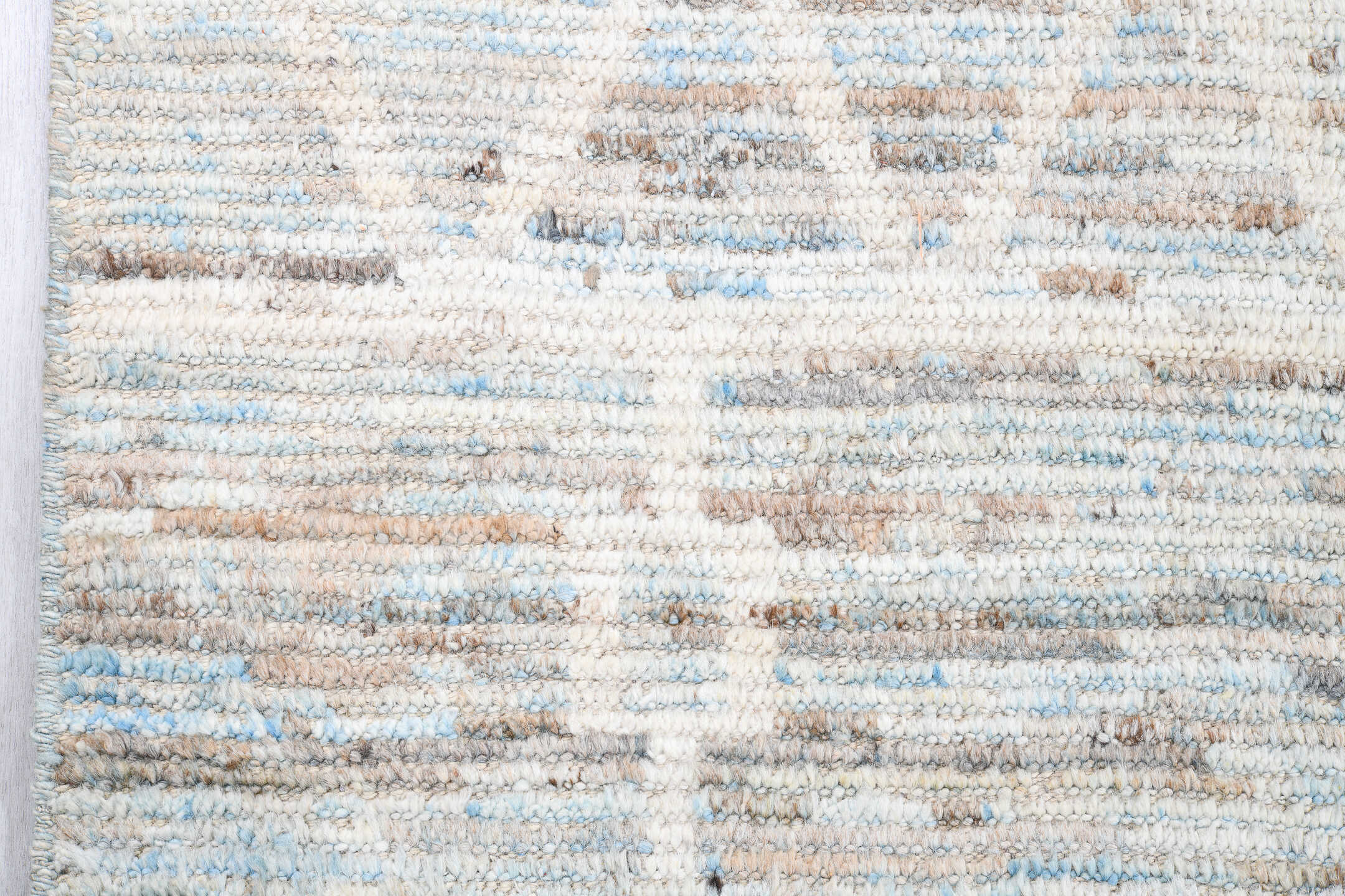 10' x 14' one-of-a-kind handmade vintage Tulu large size rug. Color palette: ivory, light blue, taupe, brown, cream, gray