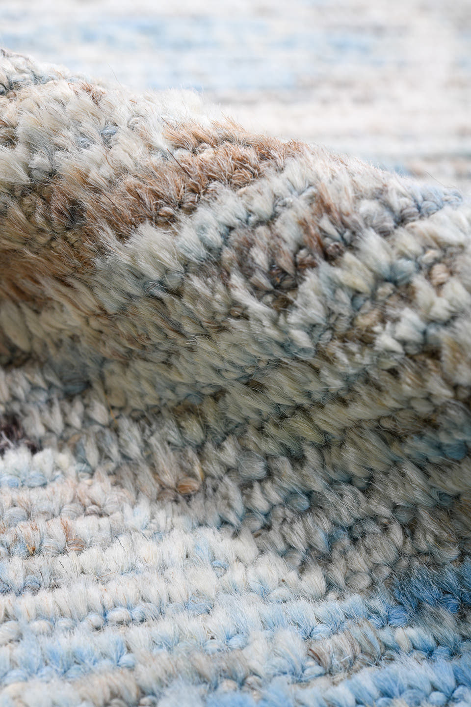 10' x 14' one-of-a-kind handmade vintage Tulu large size rug. Color palette: ivory, light blue, taupe, brown, cream, gray