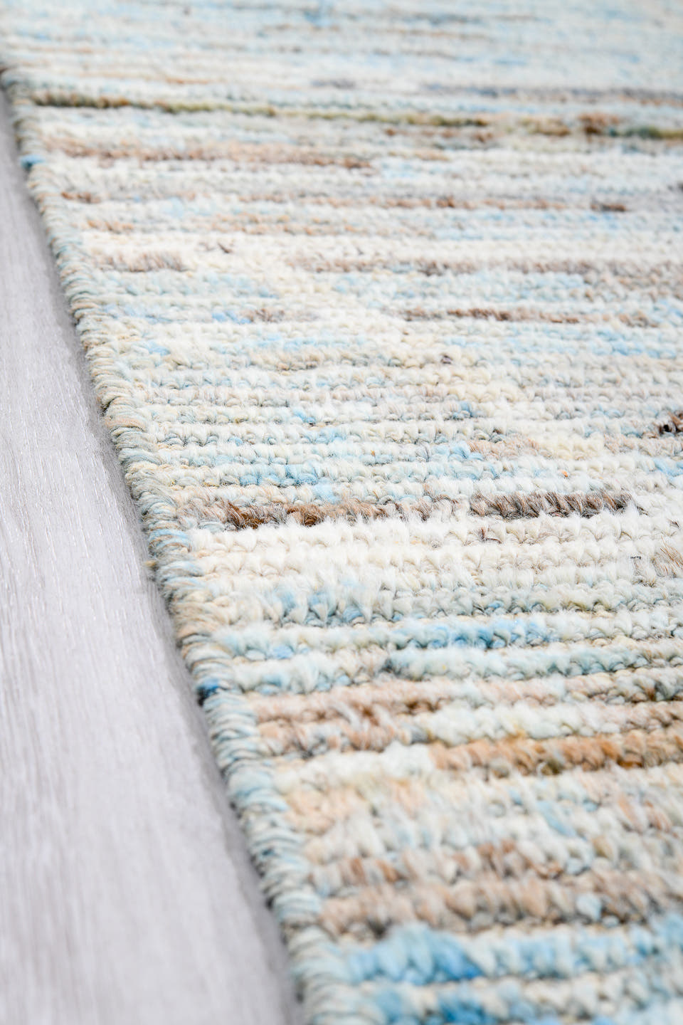 10' x 14' one-of-a-kind handmade vintage Tulu large size rug. Color palette: ivory, light blue, taupe, brown, cream, gray
