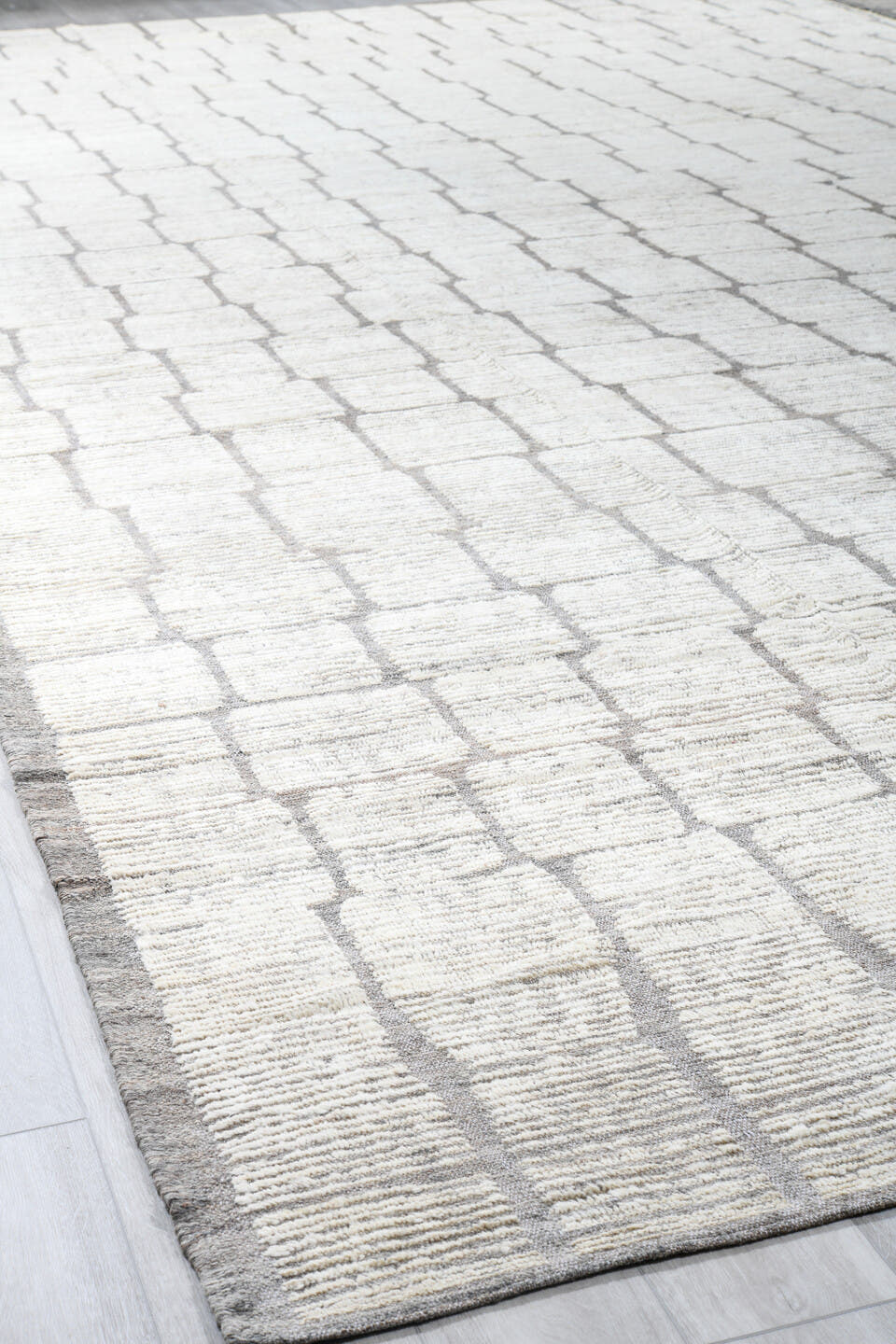 16' x 20' one-of-a-kind handmade vintage Tulu oversize rug. Color palette: ivory, taupe, gray, cream, beige