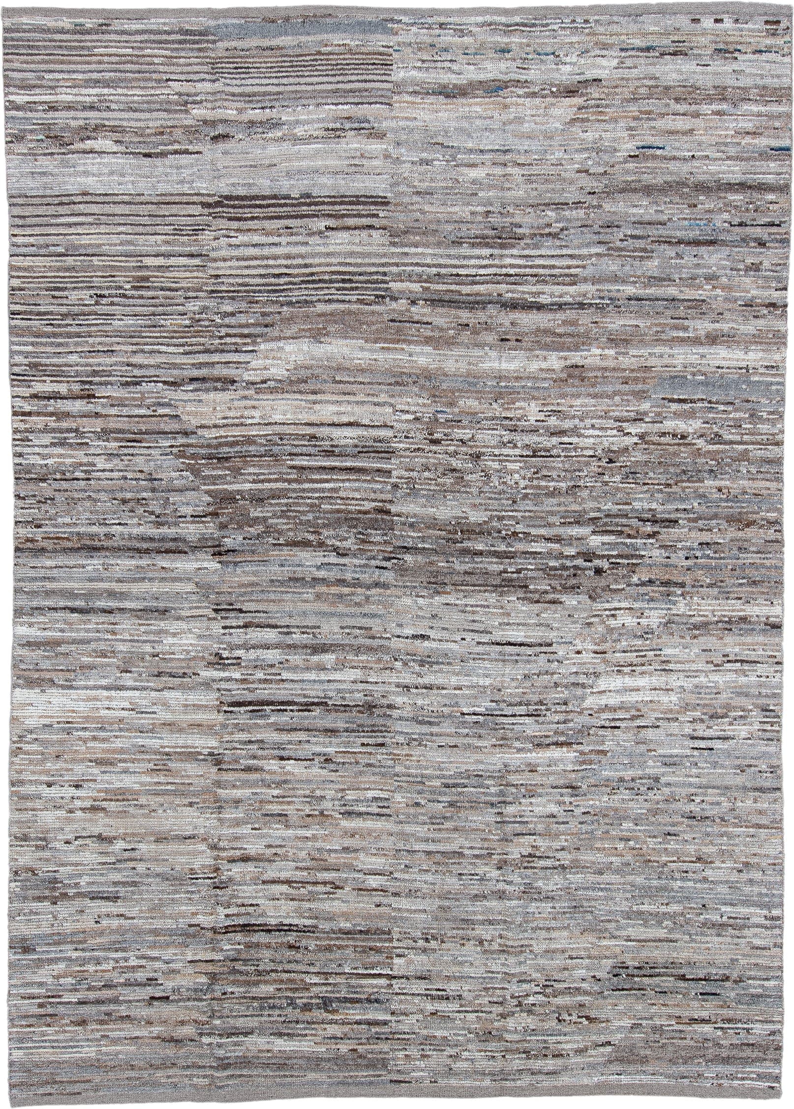 8' x 12' one-of-a-kind handmade vintage Tulu large size rug. Color palette: ivory, taupe, gray, brown, charcoal, slate