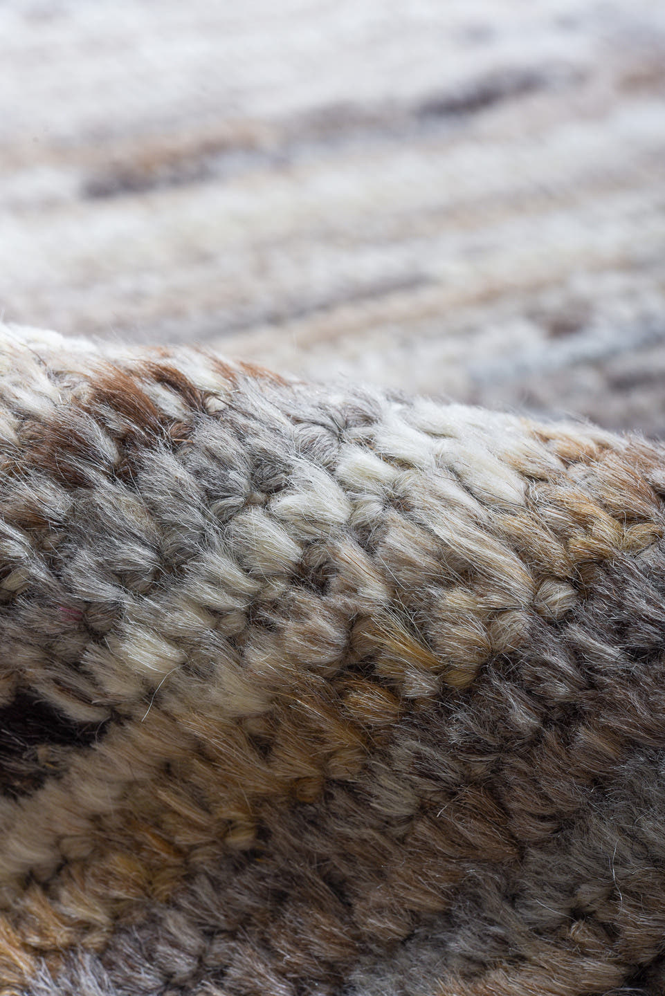 8' x 12' one-of-a-kind handmade vintage Tulu large size rug. Color palette: ivory, taupe, gray, brown, charcoal, slate