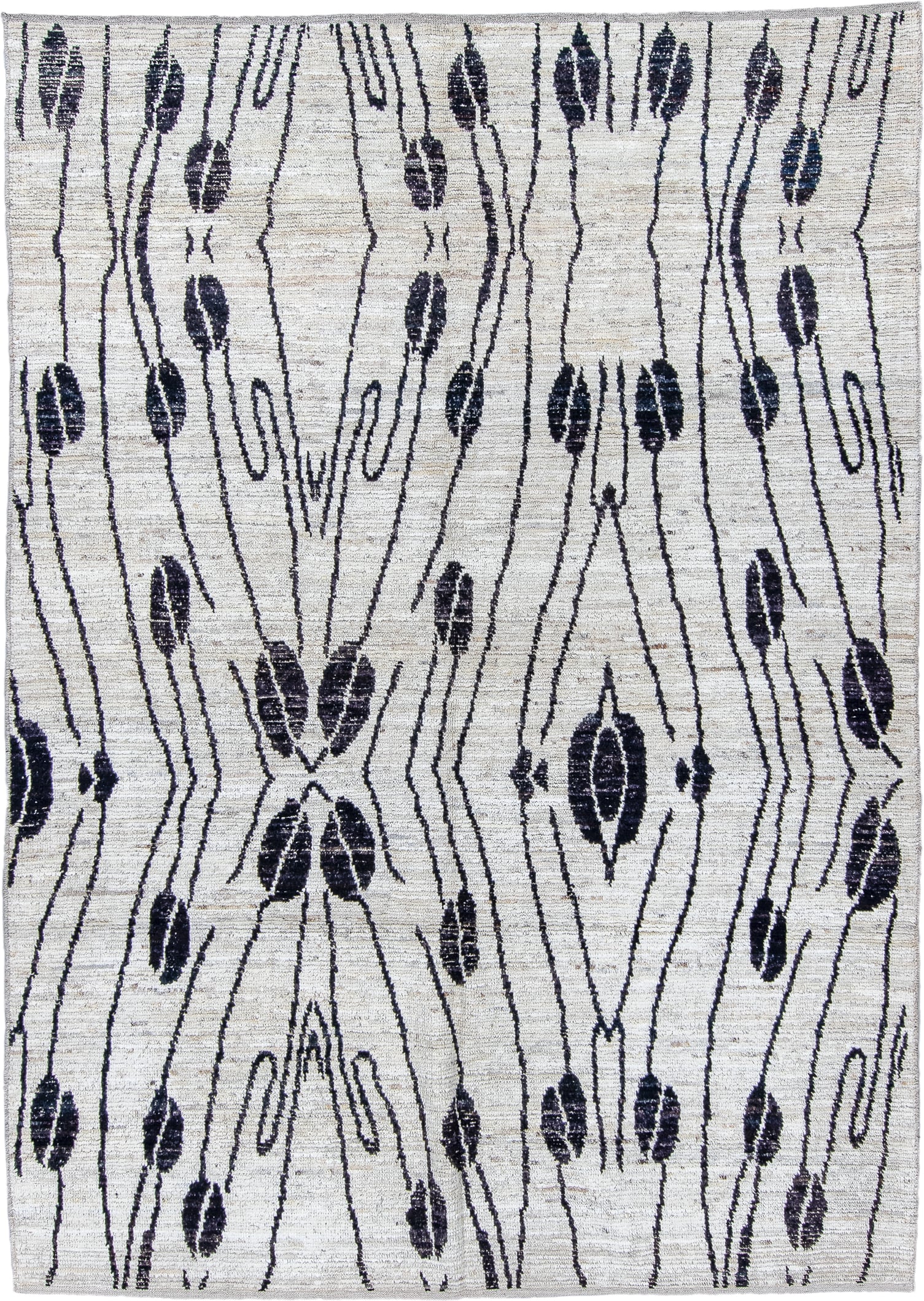 6' x 9' one-of-a-kind handmade vintage Tulu medium size rug. Color palette: ivory, charcoal, cream, taupe, gray, black