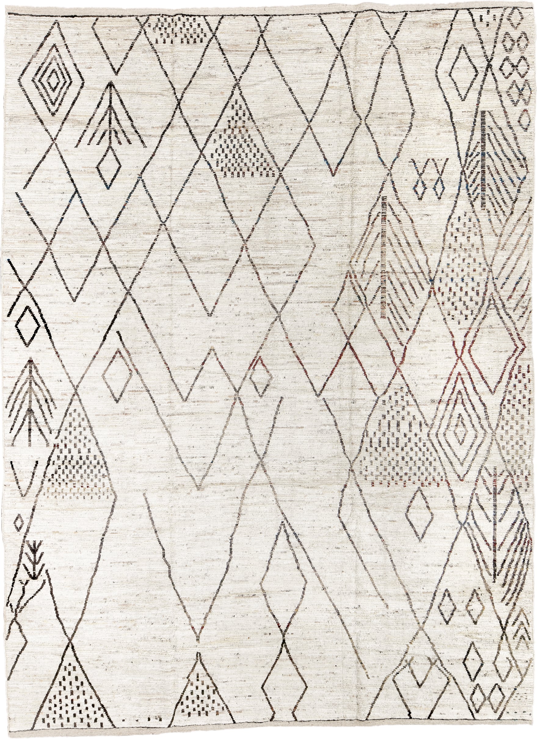 10' x 14' one-of-a-kind handmade vintage Tulu large size rug. Color palette: ivory, charcoal, taupe, brown, camel, gray