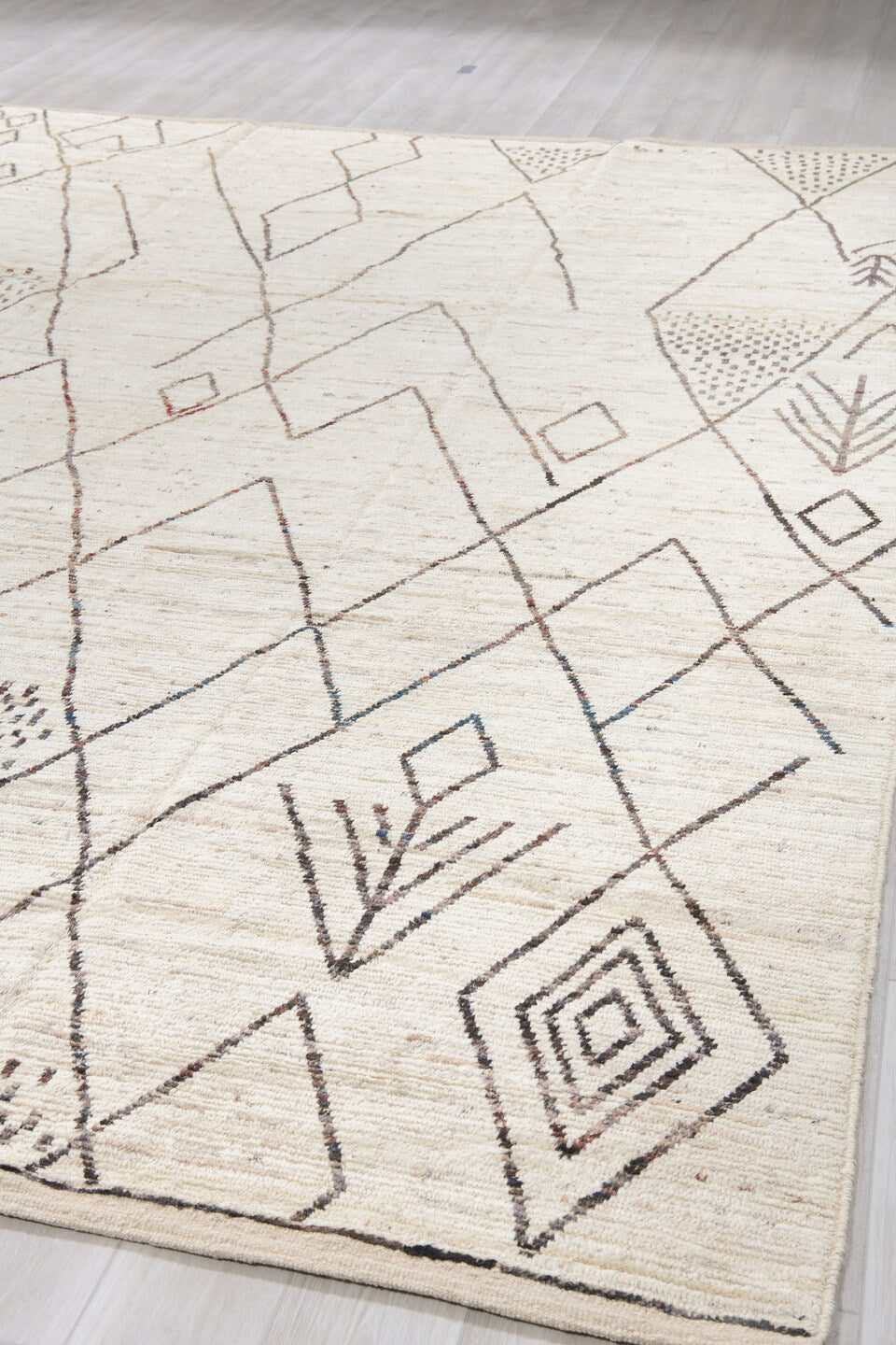 10' x 14' one-of-a-kind handmade vintage Tulu large size rug. Color palette: ivory, charcoal, taupe, brown, camel, gray