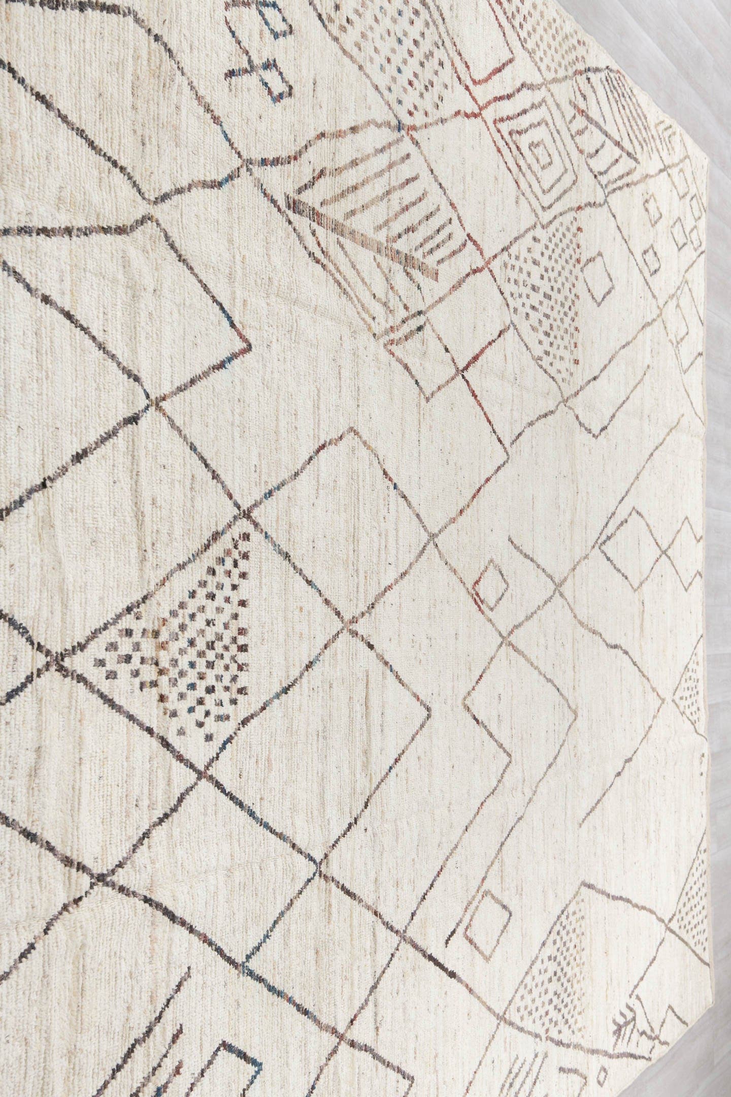 10' x 14' one-of-a-kind handmade vintage Tulu large size rug. Color palette: ivory, charcoal, taupe, brown, camel, gray