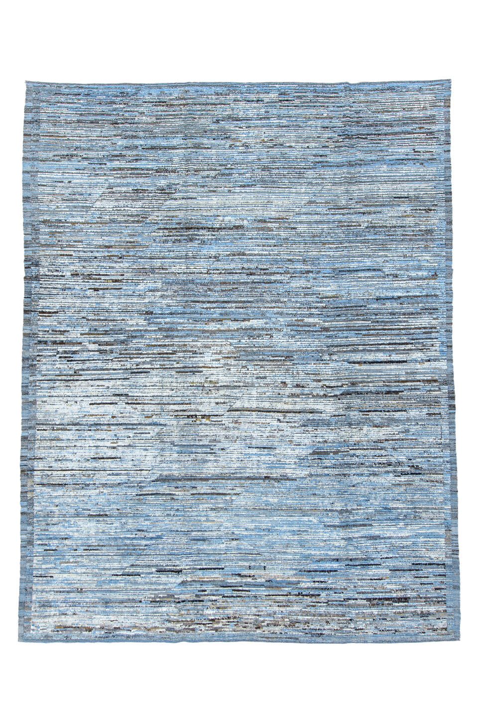 9' x 12' one-of-a-kind handmade vintage Tulu large size rug. Color palette: black, blue, dark gray, dim gray, gainsboro