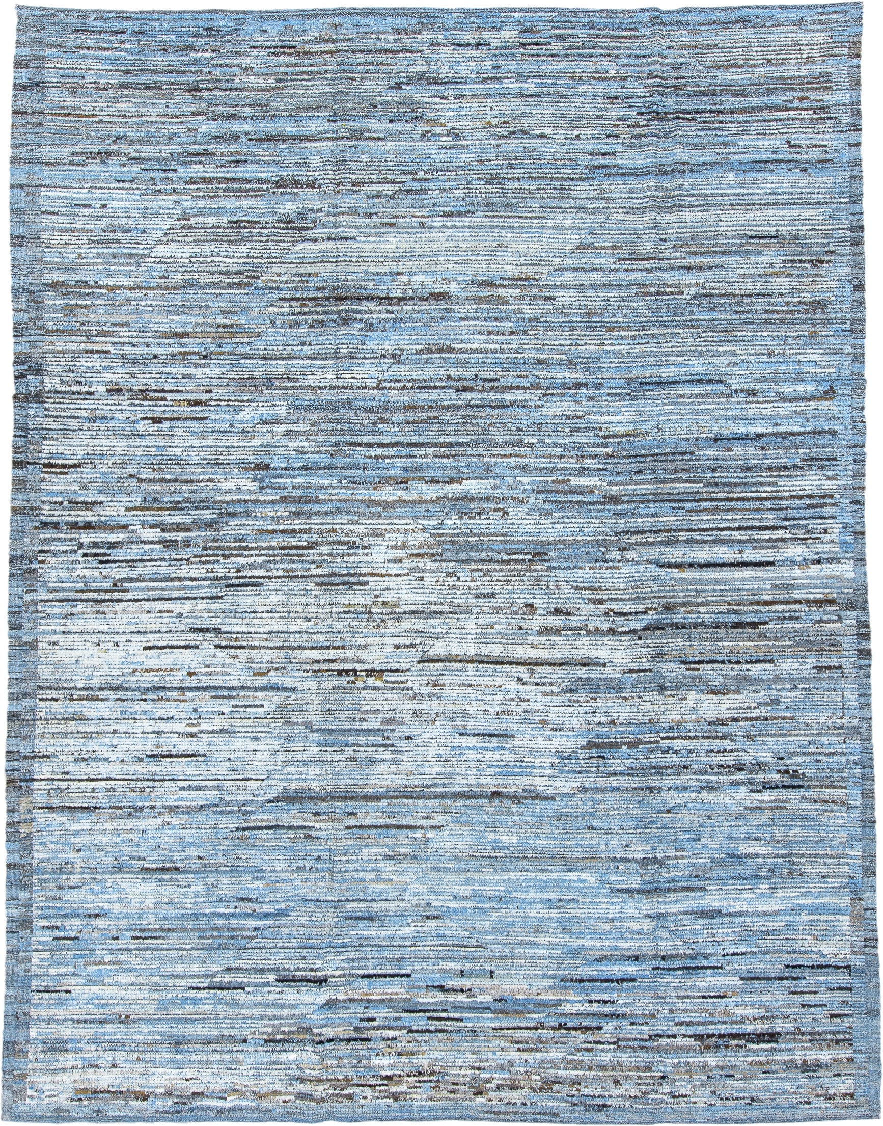9' x 12' one-of-a-kind handmade vintage Tulu large size rug. Color palette: sky blue, ivory, charcoal, slate, steel blue