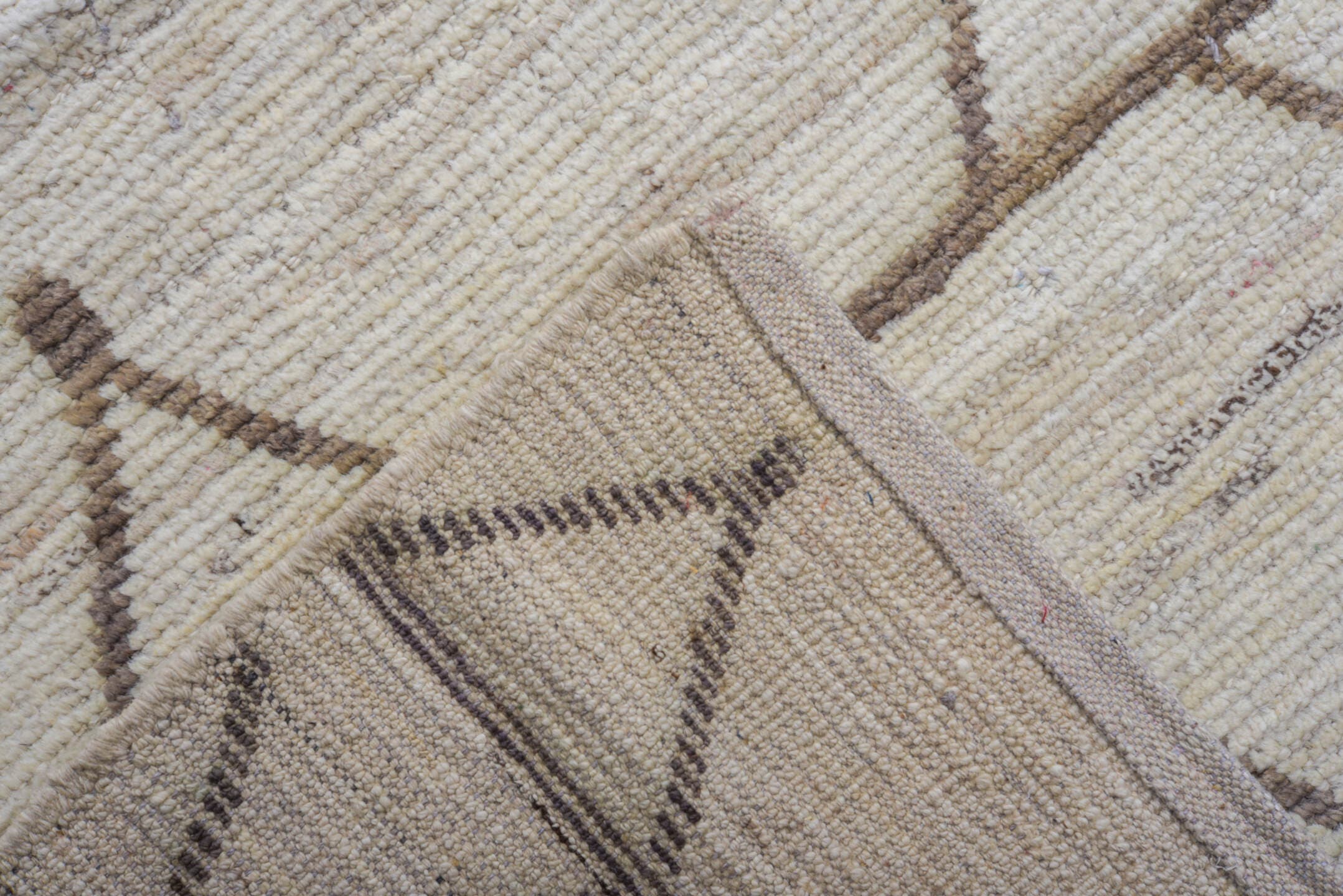 11' x 13' one-of-a-kind handmade vintage Tulu oversize rug. Color palette: ivory, taupe, beige, camel, gray