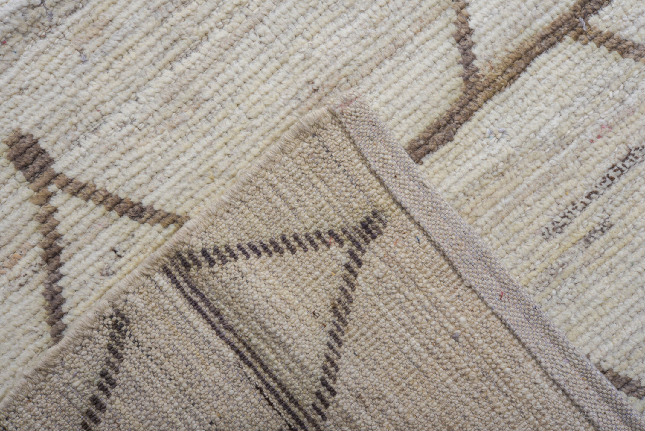 11' x 13' one-of-a-kind handmade vintage Tulu oversize rug. Color palette: ivory, taupe, beige, camel, gray