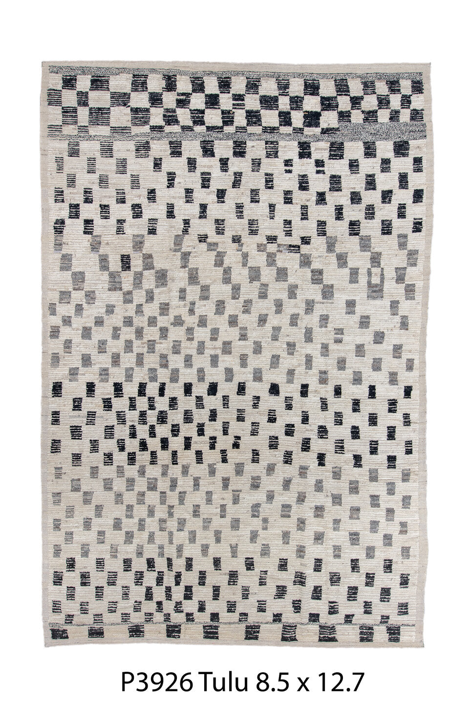 8' x 12' one-of-a-kind handmade vintage Tulu large size rug. Color palette: black, blue, charcoal, dark gray, dim gray