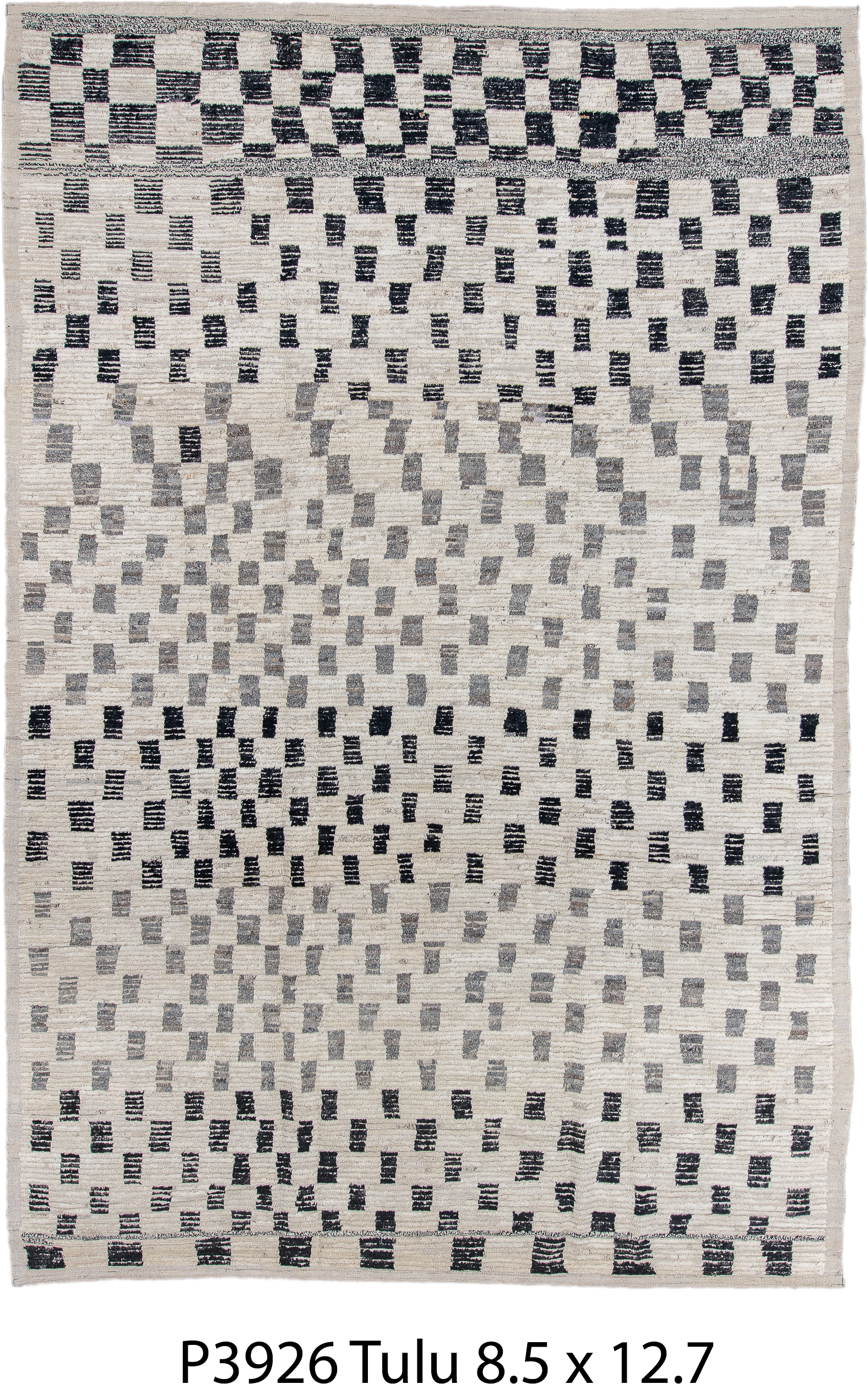 8' x 12' one-of-a-kind handmade vintage Tulu large size rug. Color palette: ivory, charcoal, gray, cream, black