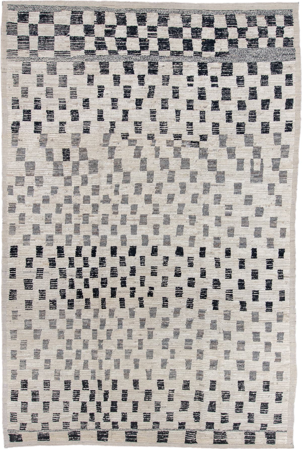 8' x 12' one-of-a-kind handmade vintage Tulu large size rug. Color palette: ivory, charcoal, gray, cream, black