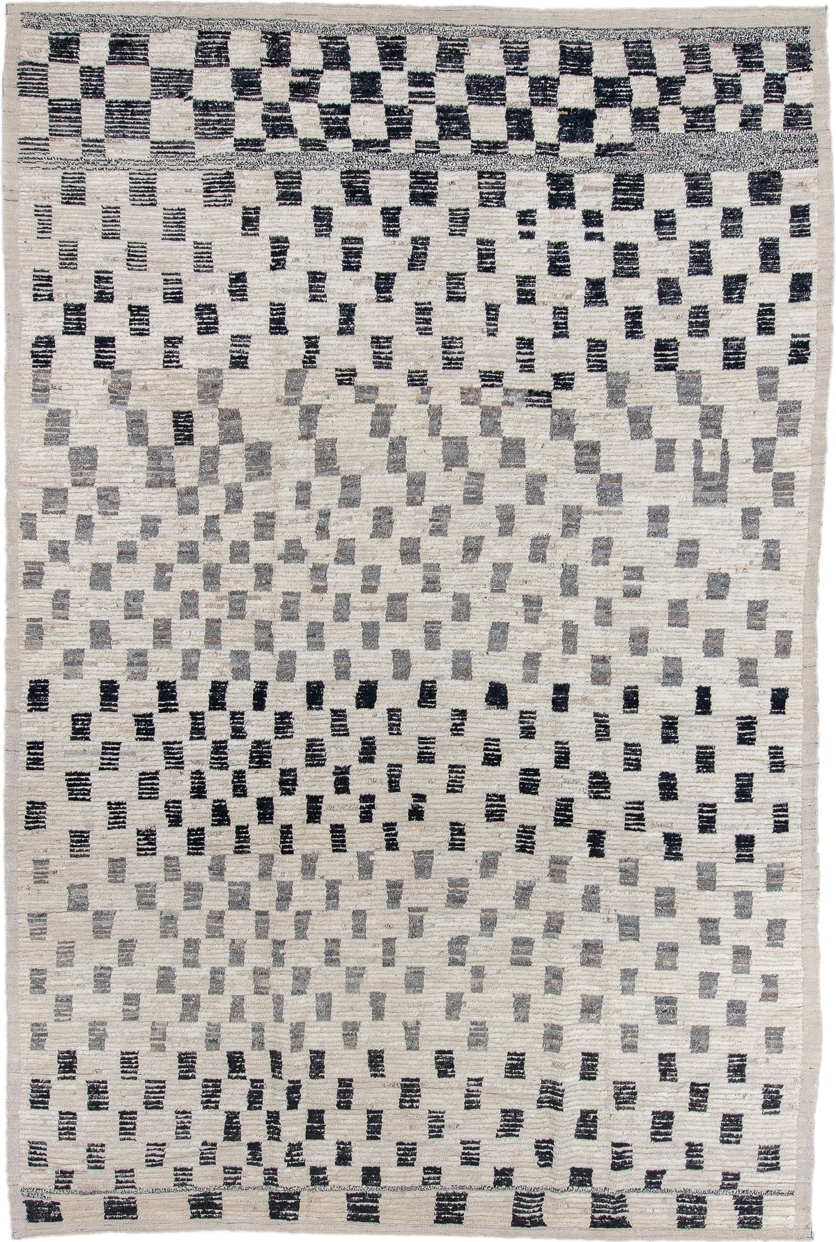 8' x 12' one-of-a-kind handmade vintage Tulu large size rug. Color palette: ivory, charcoal, gray, cream, black