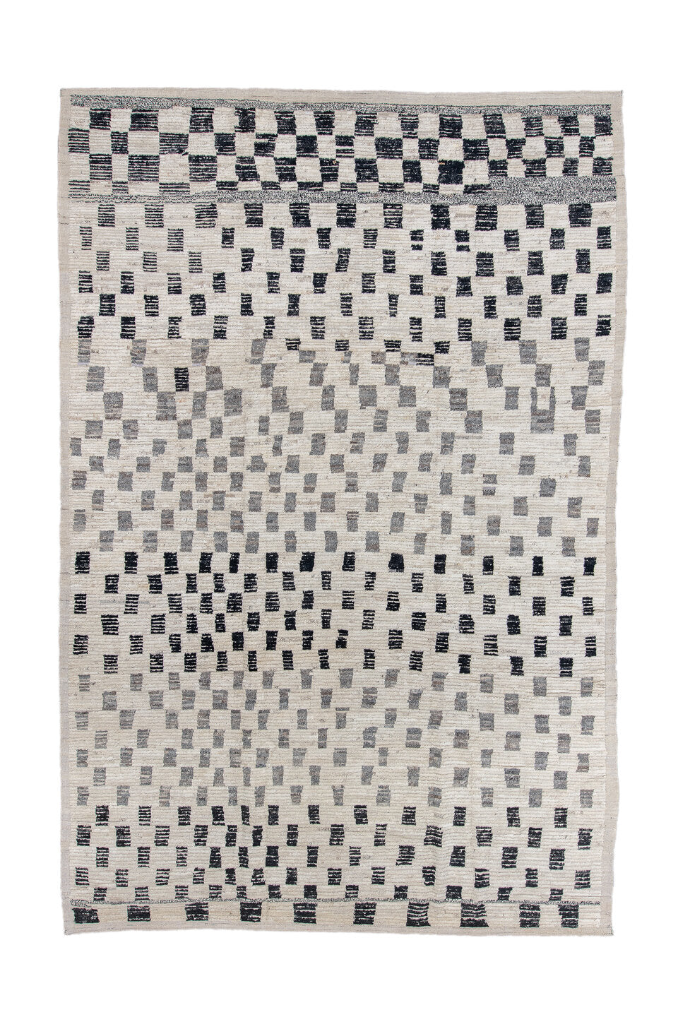 8' x 12' one-of-a-kind handmade vintage Tulu large size rug. Color palette: ivory, charcoal, gray, cream, black