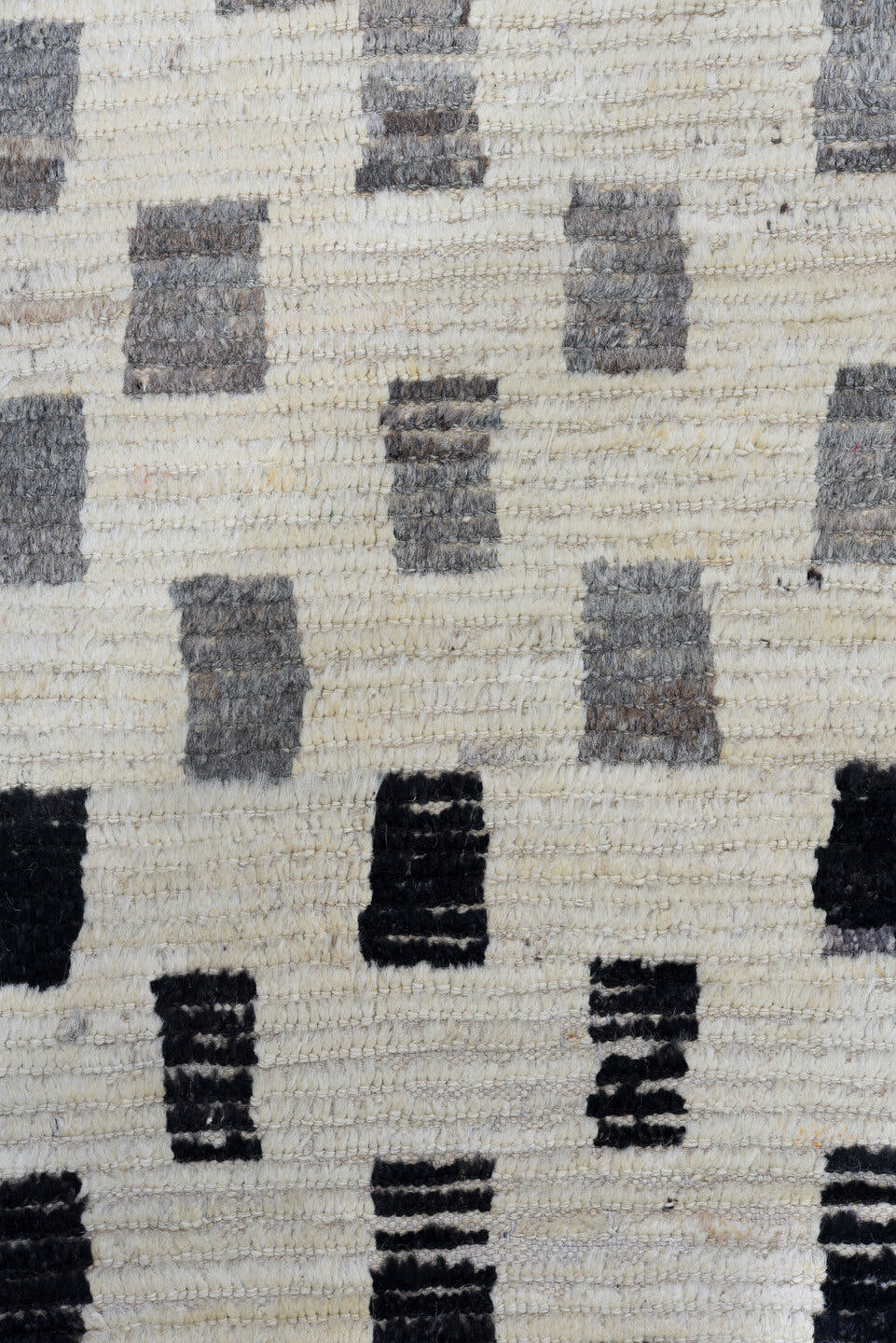 8' x 12' one-of-a-kind handmade vintage Tulu large size rug. Color palette: ivory, charcoal, gray, cream, black