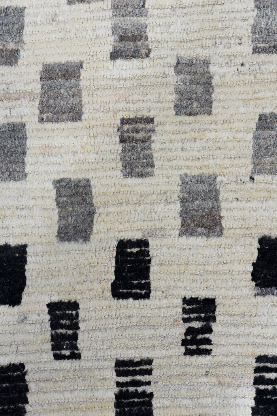 8' x 12' one-of-a-kind handmade vintage Tulu large size rug. Color palette: ivory, charcoal, gray, cream, black