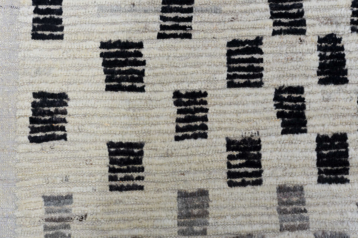 8' x 12' one-of-a-kind handmade vintage Tulu large size rug. Color palette: ivory, charcoal, gray, cream, black