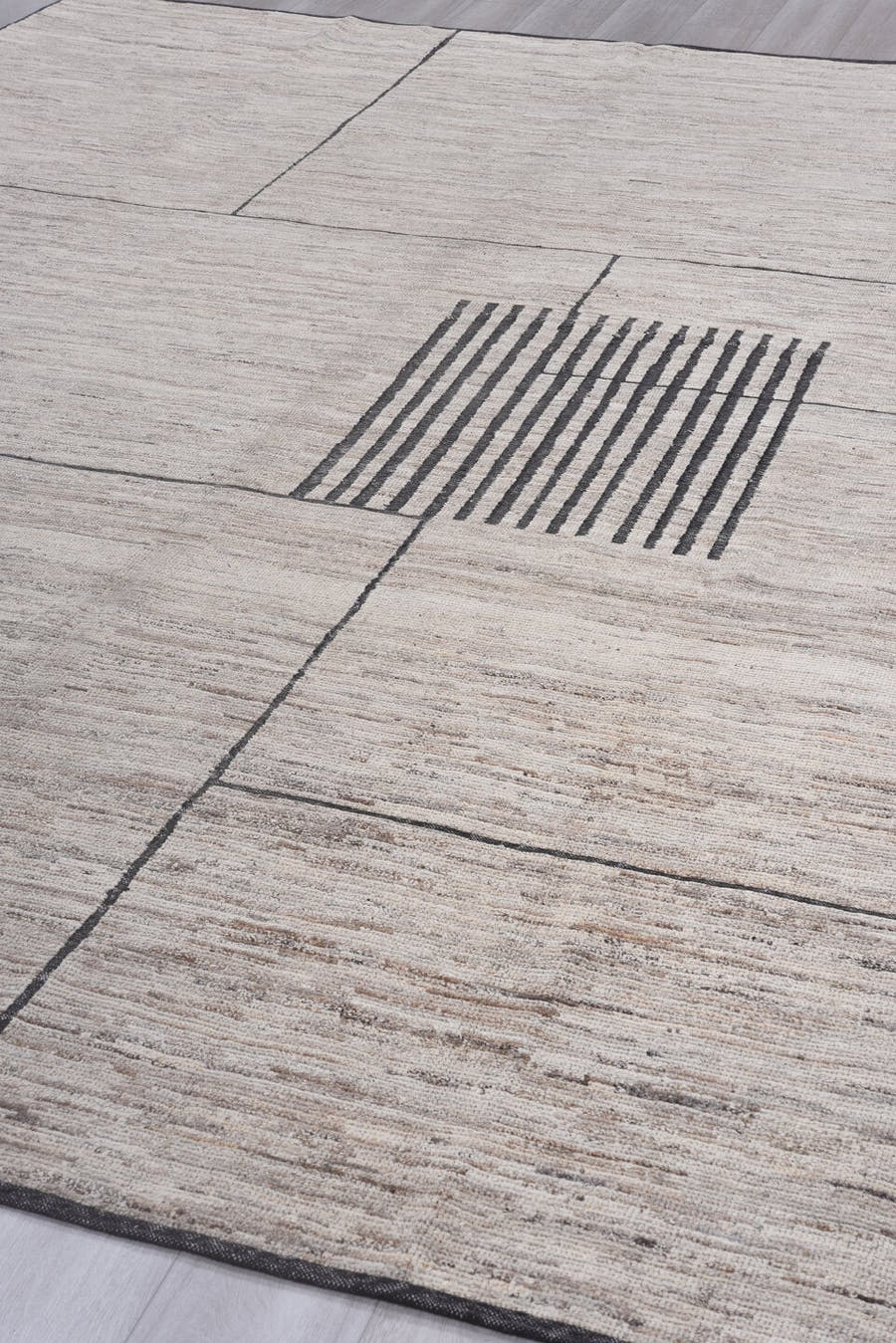 9' x 12' one-of-a-kind handmade vintage Tulu large size rug. Color palette: ivory, charcoal, taupe, stone, cream, black