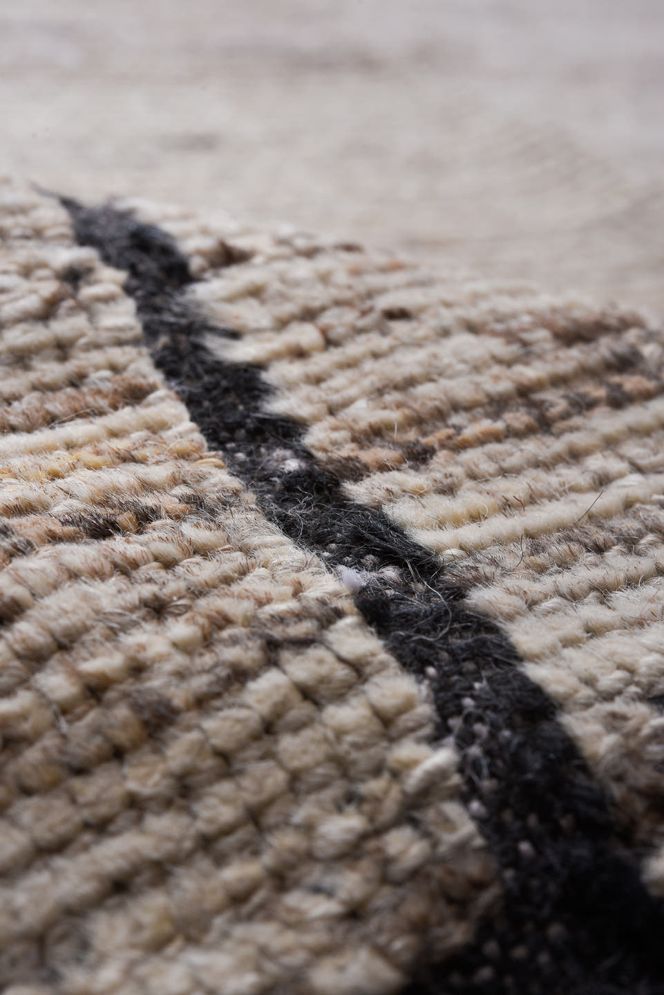 9' x 12' one-of-a-kind handmade vintage Tulu large size rug. Color palette: ivory, charcoal, taupe, stone, cream, black
